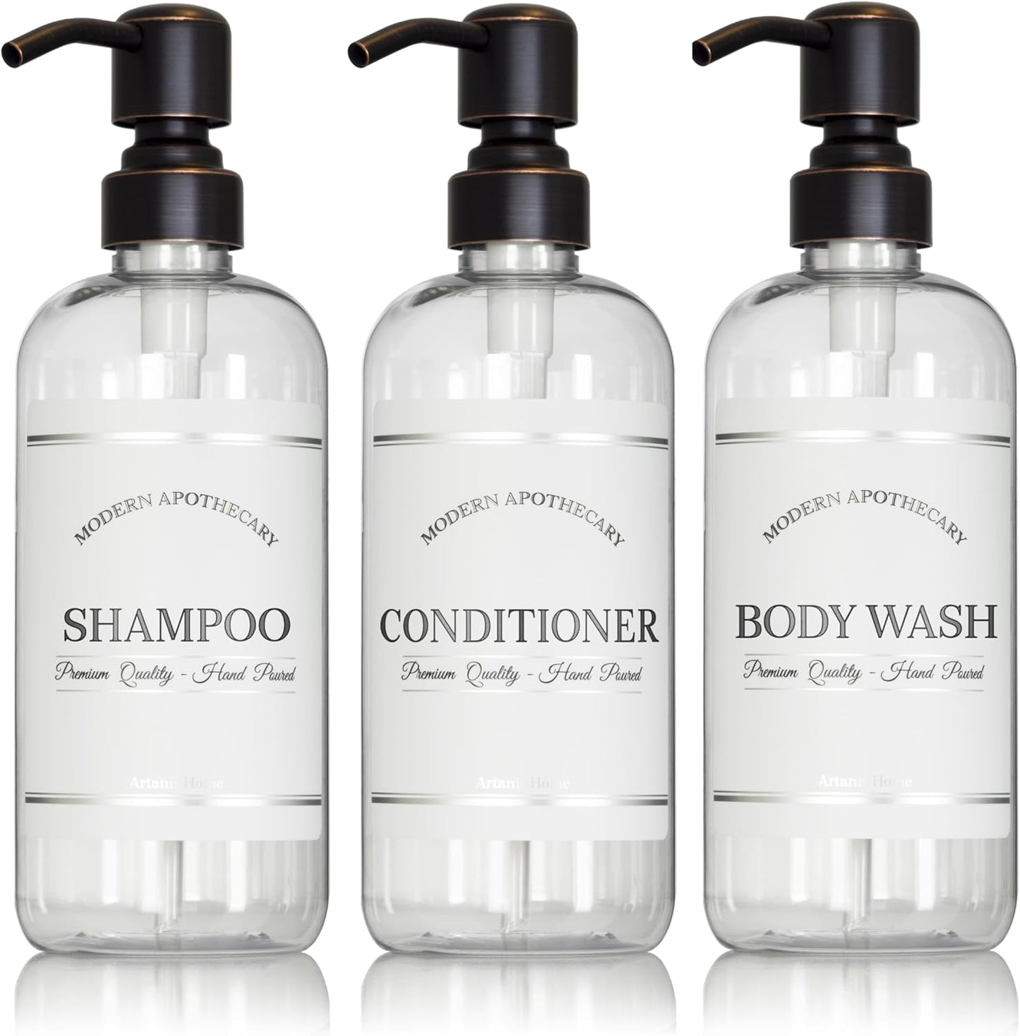 Clear Refillable Shampoo, Conditioner, and Body Wash Bottles - PET Plastic Shampoo Bottles Refillable with Oil Rubbed Bronze Pump - Waterproof Labels - 16 oz, 3 Pack