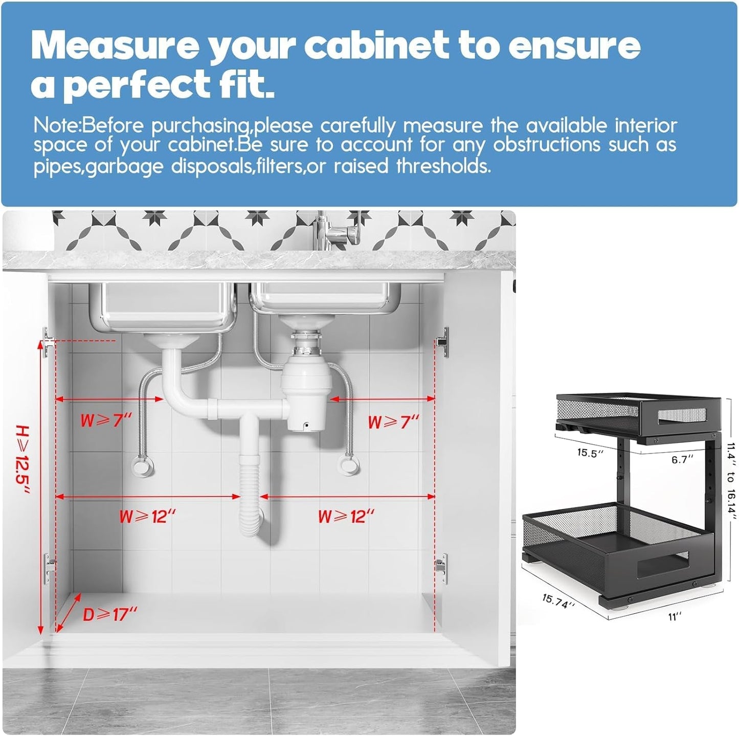 2-Pack Under Sink Storage Organizer, Large 2-Tier Elegant Mesh Pull Out Shelf for Kitchen and Bathroom Cabinet Organization, L-Shaped and Adjustable Height Design,Patent Pending-Black