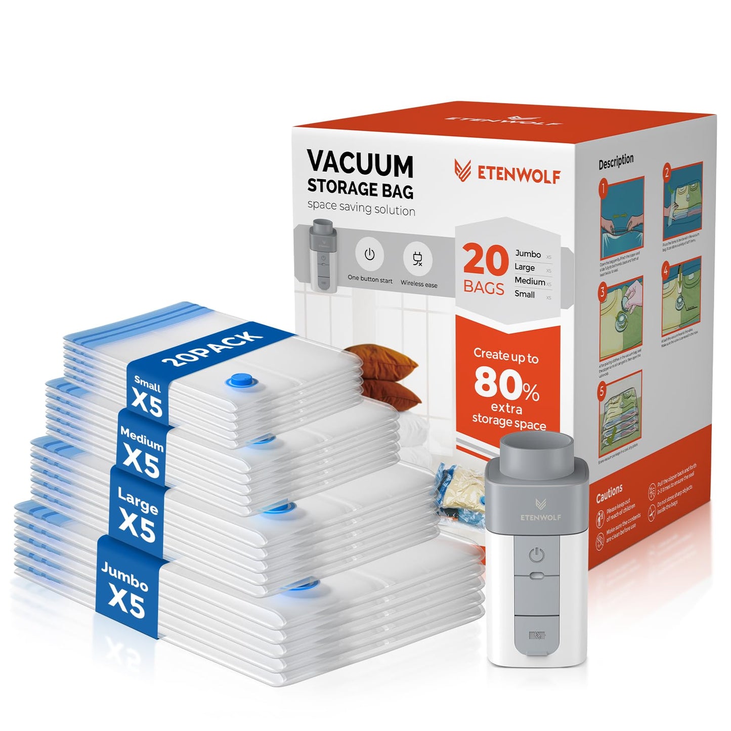 ETENWOLF 20 Combo Vacuum Storage Bags for Travel with Wireless Pump