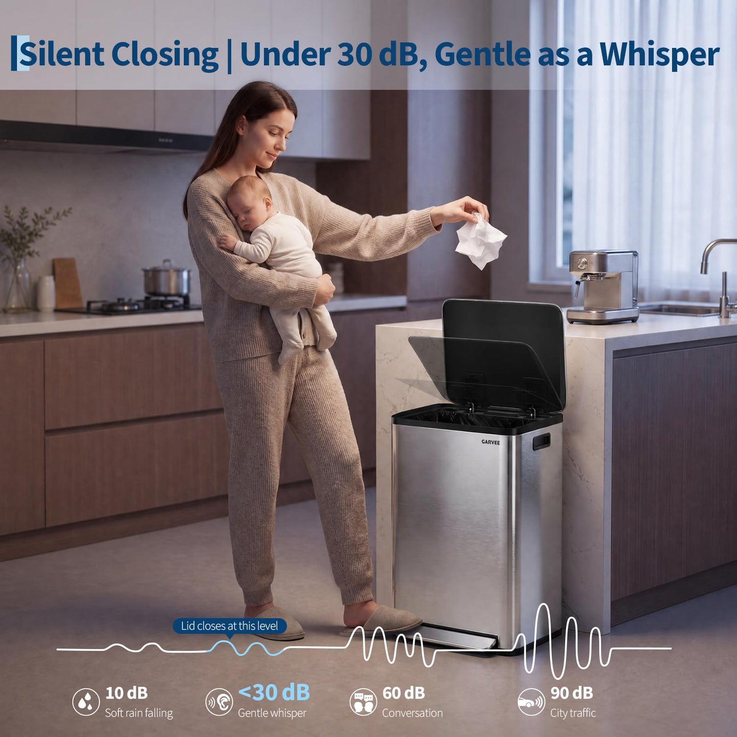 13 Gallon Trash Can Kitchen Garbage Bin with Removable Inner Buckets 50L Stainless Steel Step-on