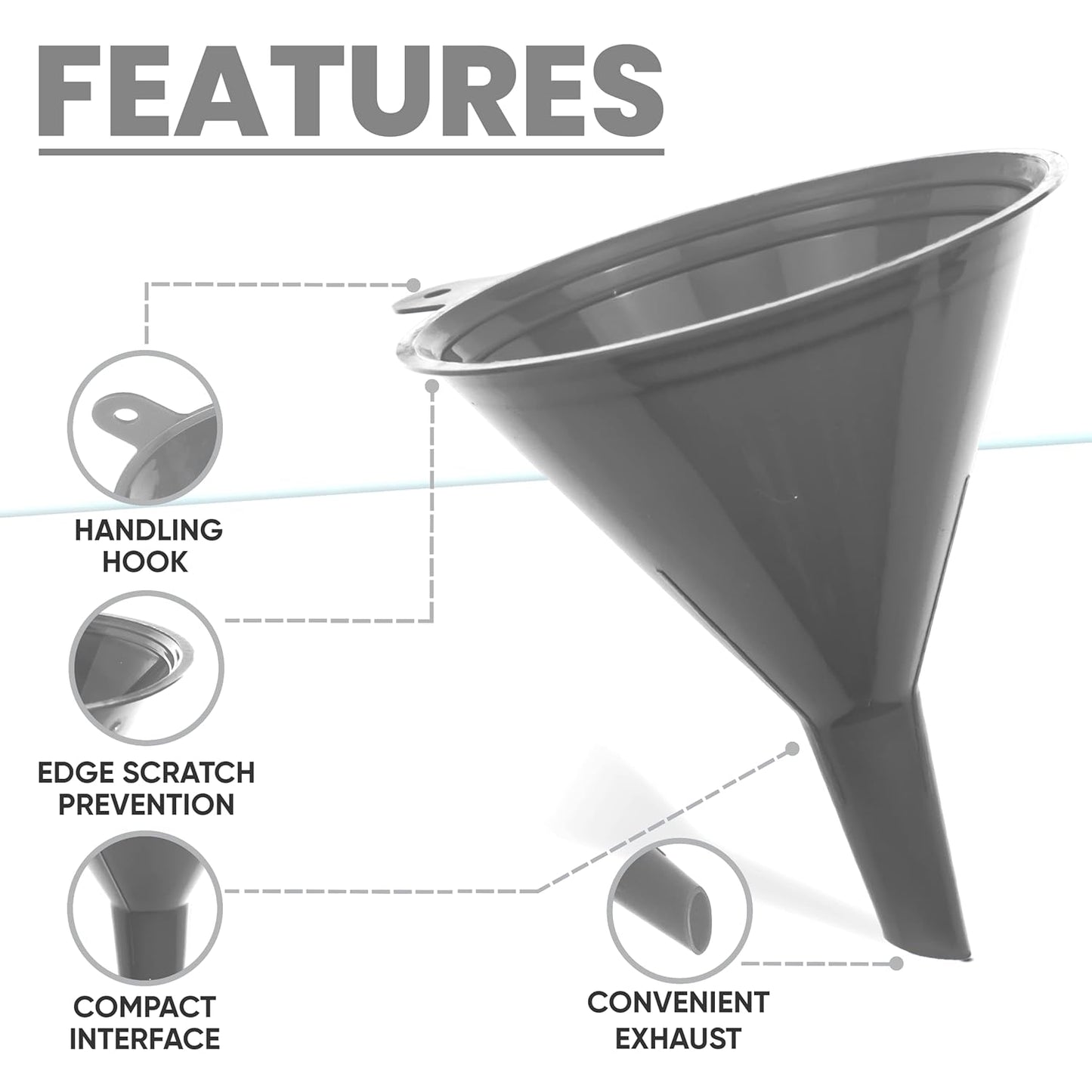 Funnel Gray in 4 Different Sizes (122, 101, 76 & 50mm) Durable & Non-Toxic Food Grade Plastic -Funnels for Filling Bottles or Containers – Ideal for Kitchen, Garage & Labs