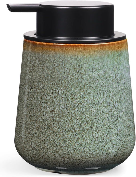 INGOFIN Ceramic Lotion Dispenser - 12 oz Refillable Hand Soap Dispenser Bathroom, Modern Liquid Dispenser with Pump, Dish Soap Dispenser for Kitchen,Kiln-Glazed Green
