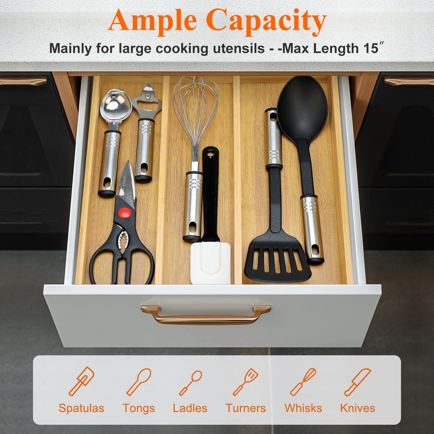 Large Bamboo Kitchen Utensil Drawer Organizer Expandable Silverware Tray