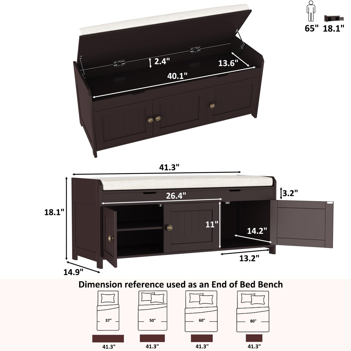 HOMEFORT 41.3" Shoe Bench with Lift Top Storage, Entryway Bench with Cushioned Seat, Wooden End of