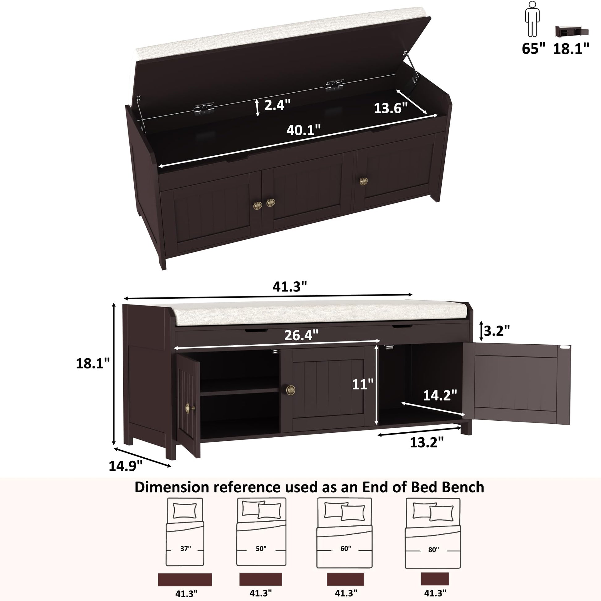 HOMEFORT 41.3" Shoe Bench with Lift Top Storage, Entryway Bench with Cushioned Seat, Wooden End of