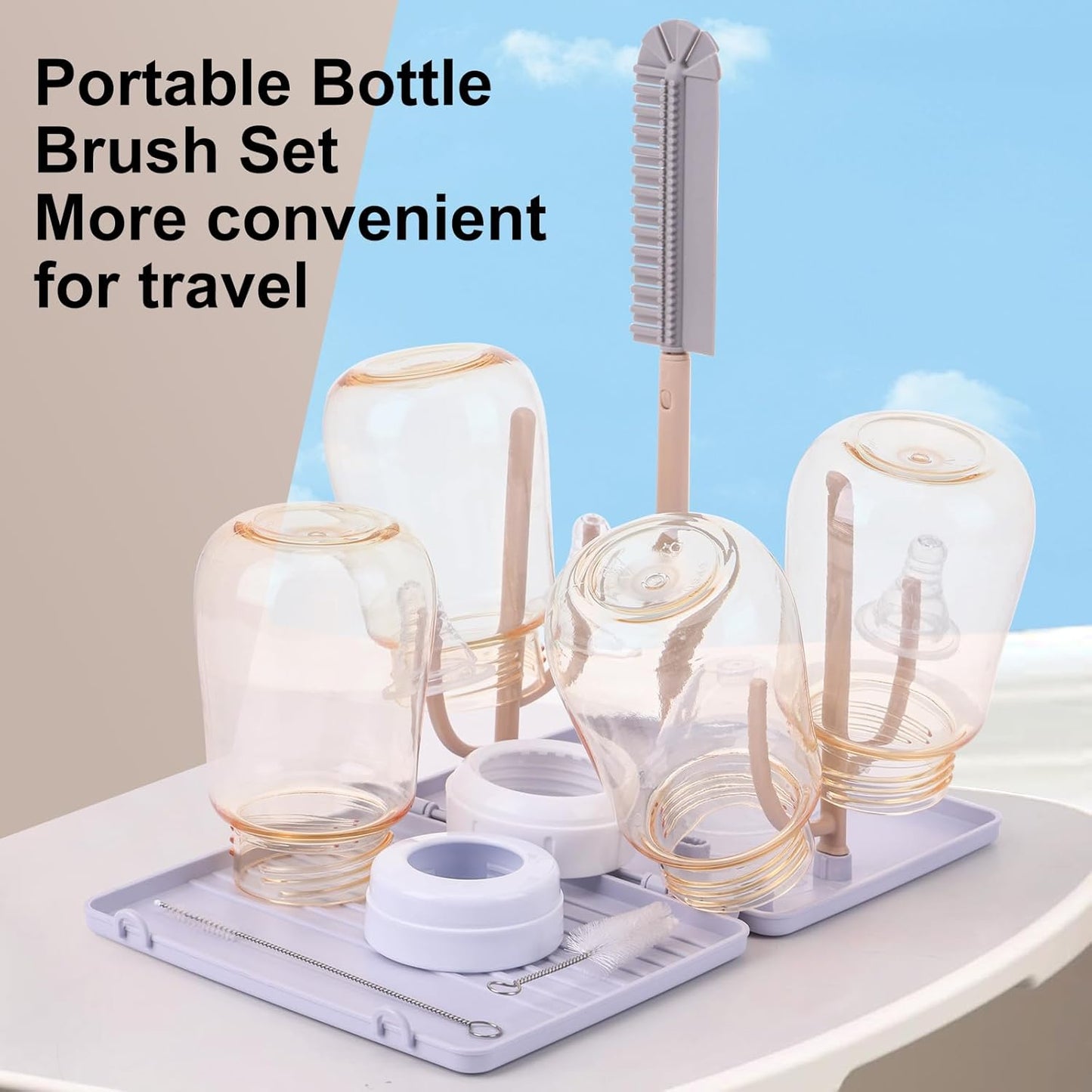 Baby Bottle Drying Rack -Travel Baby Bottle Drying Rack Set, Cleaner Kit with Silicone Bottle Brush,Straw Brush, Suitable for Home use or Traveling with Babies, Camping(Gray) ﻿ ﻿
