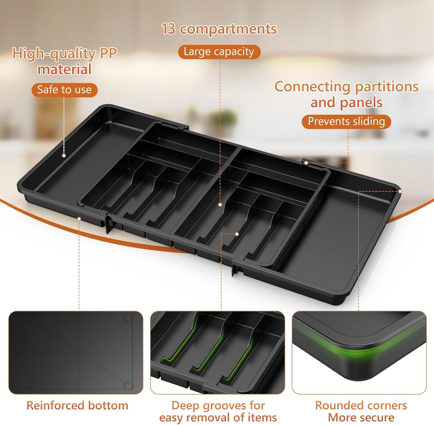 Large Silverware Drawer Organizer,utensil drawer organizer Adjustable Flatware and Cutlery Holder BPA Free Plastic Utensil Tray for Kitchen Spoons Forks Knives Black 21.6 to 38 Inches