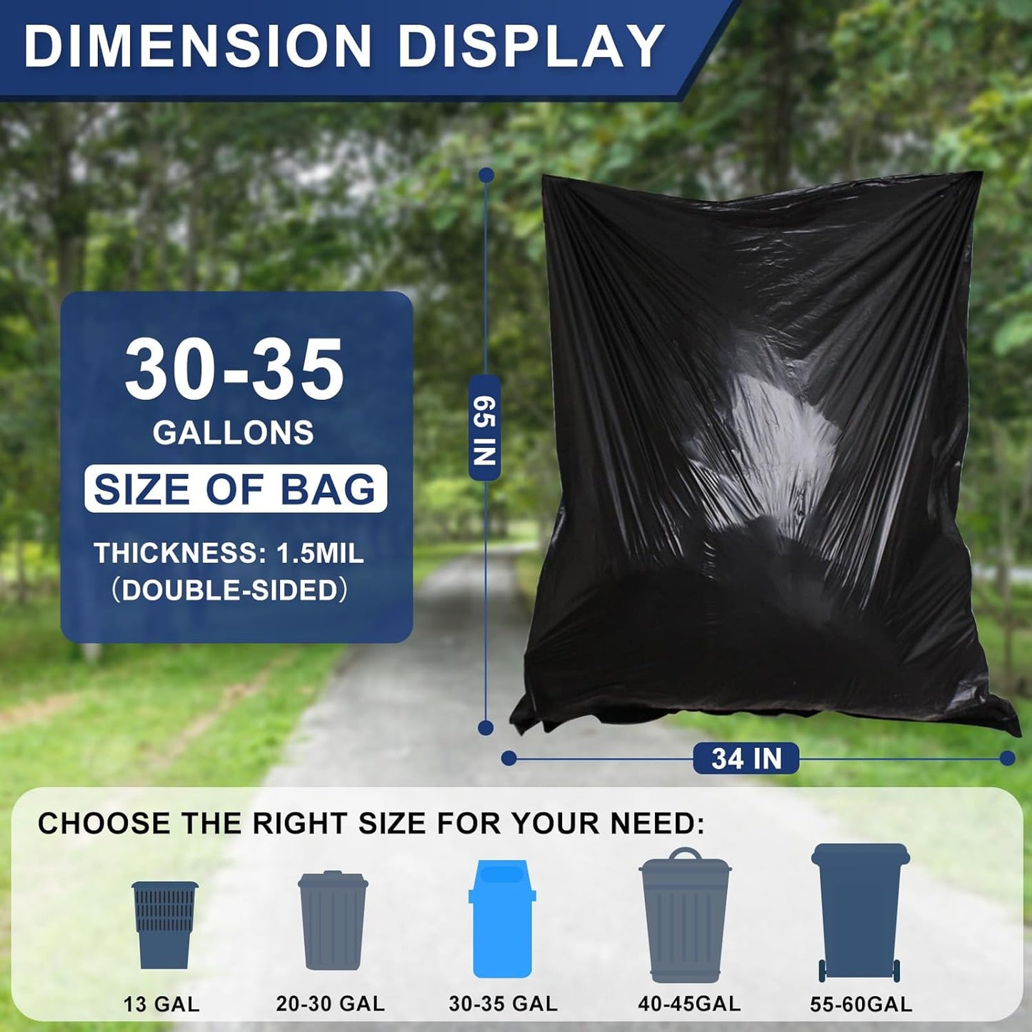 30-35 Gallon Trash Bags Heavy Duty 1.5 Mil - 35" x 37" 100 Count Large Black Garbage Bags 30+ Gallon Strong Plastic Trash Can Liners for Home Kitchen Commercial Lawn and Leaf