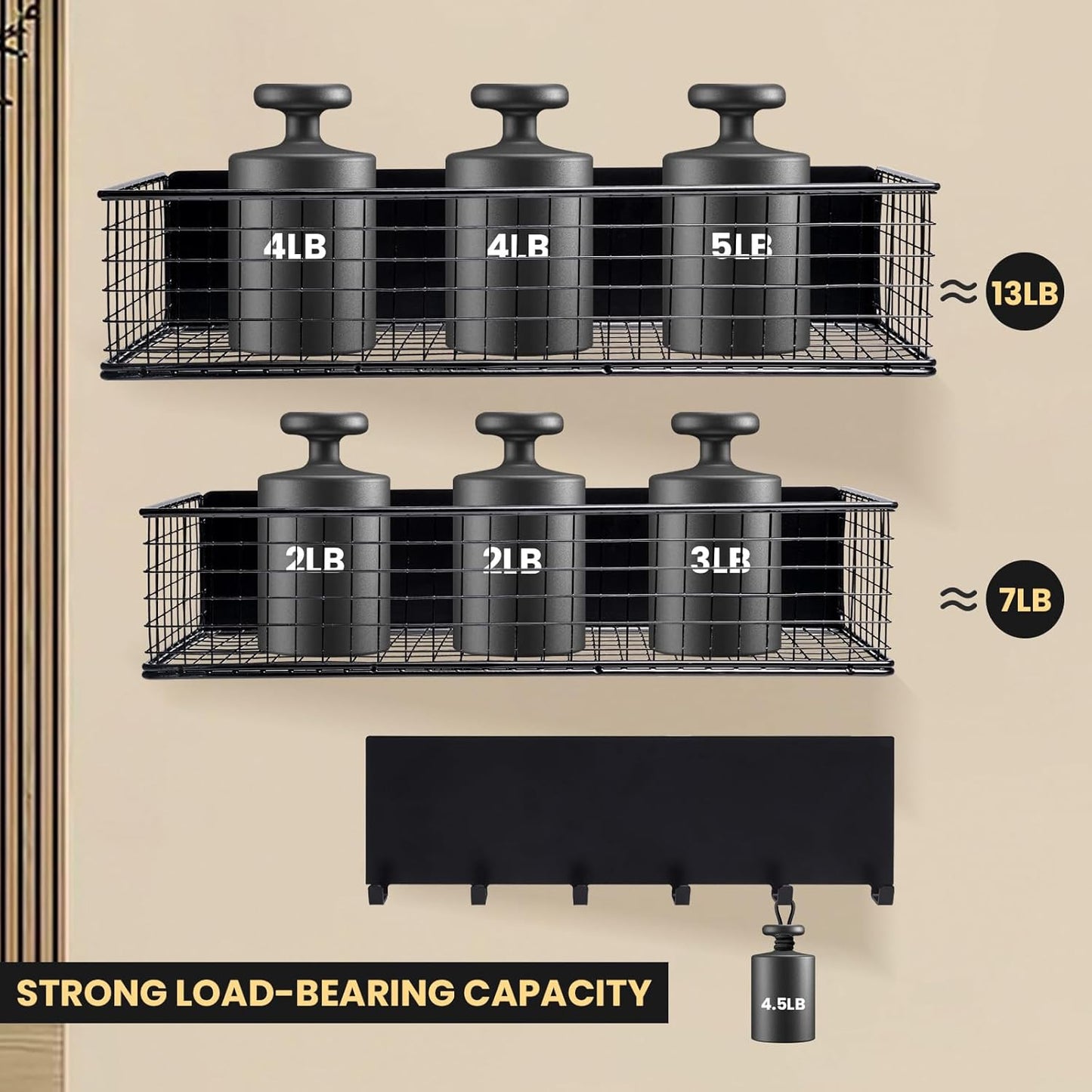 Magnetic Spice Rack for Refrigerator Magnetic Fridge Shelf for Kitchen Spice Organizer Magnetic Shelf, Classic Grid Design, 2*Spice Racks, 1*Hooks Rack, 1*Paper Towel Holder, 5*Removable Hooks