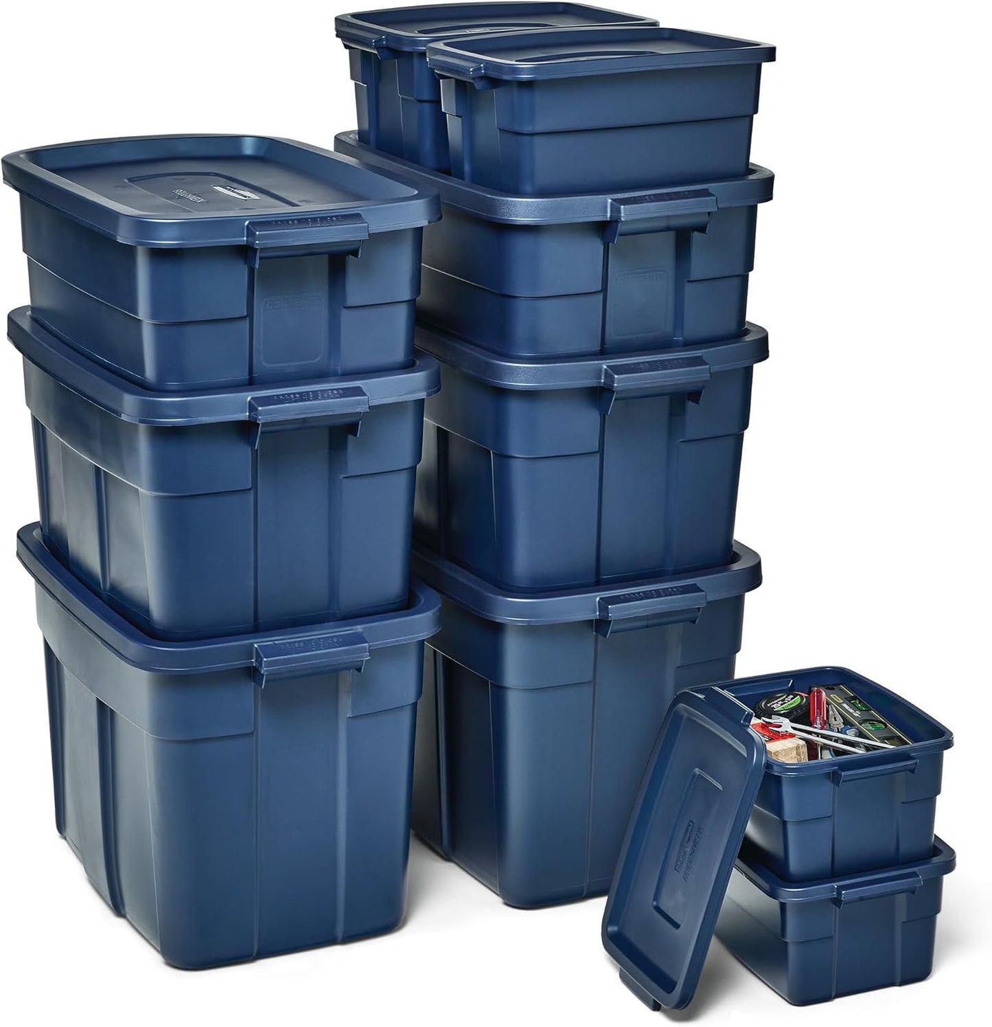 Rubbermaid Roughneck Tote Variety - |Made in the USA| Dark Indigo Metallic, Rugged Plastic Stackable Storage Tote with Lid and Handles (Pack of 10)