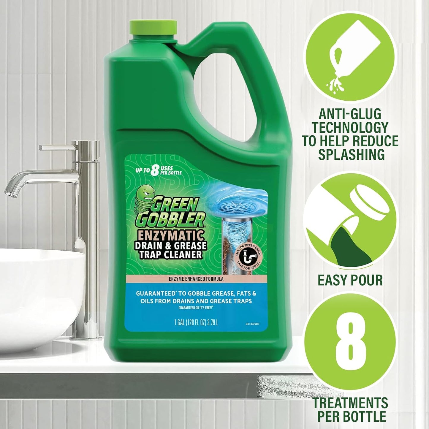 Green Gobbler ENZYMES for Grease Trap & Sewer - Controls Foul Odors & Breaks down Grease, Paper, Fat & Oil in Sewer Lines, Septic Tanks & Grease Traps (4 Gallon Case)