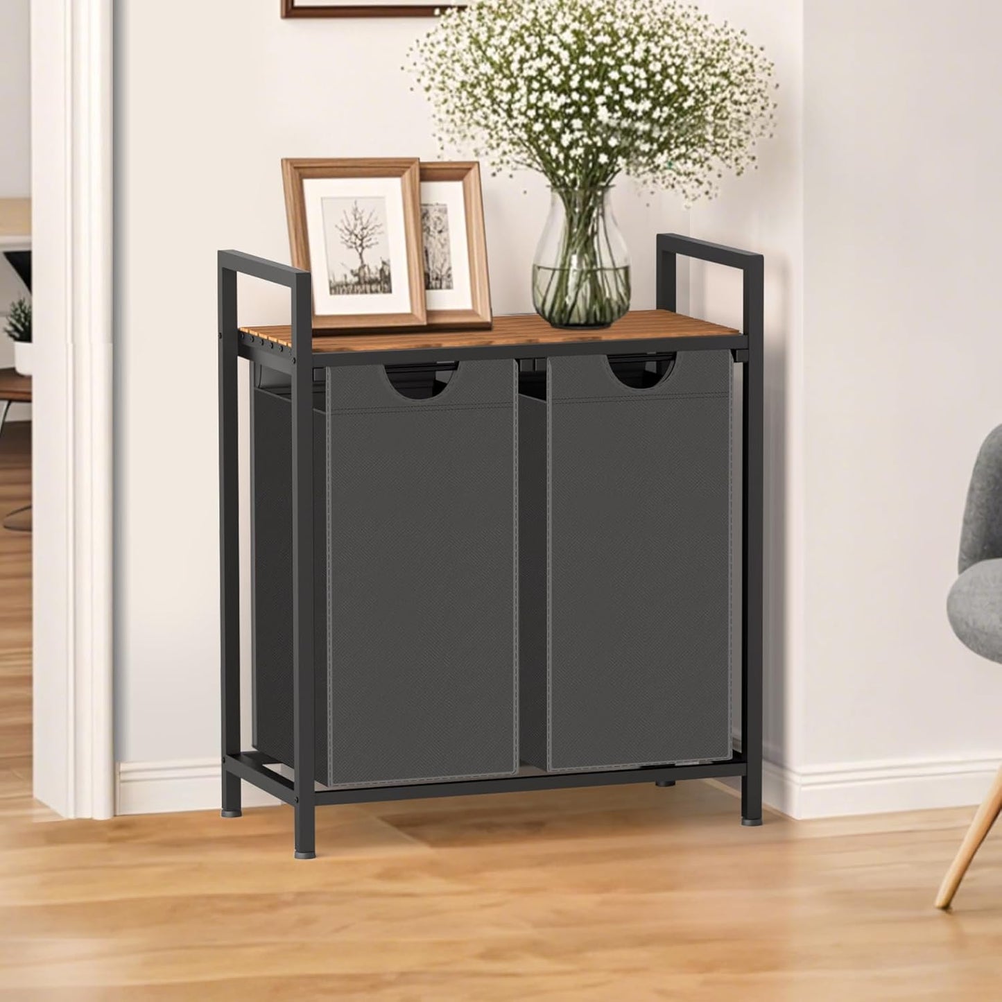 Laundry Hamper, Laundry Sorter with 2 Pull-Out Removable Oxford Fabric Bags Cloth Laundry Basket 2 x 10 Gallons (Grey and Rustic Brown)