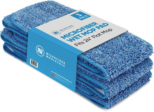 Microfiber Wholesale 24 inch Microfiber Mop Pads - Machine Washable, Reusable, Refills & Replacement Wet Mop Heads Compatible with Any Microfiber Flat Mop System (3 Pack)