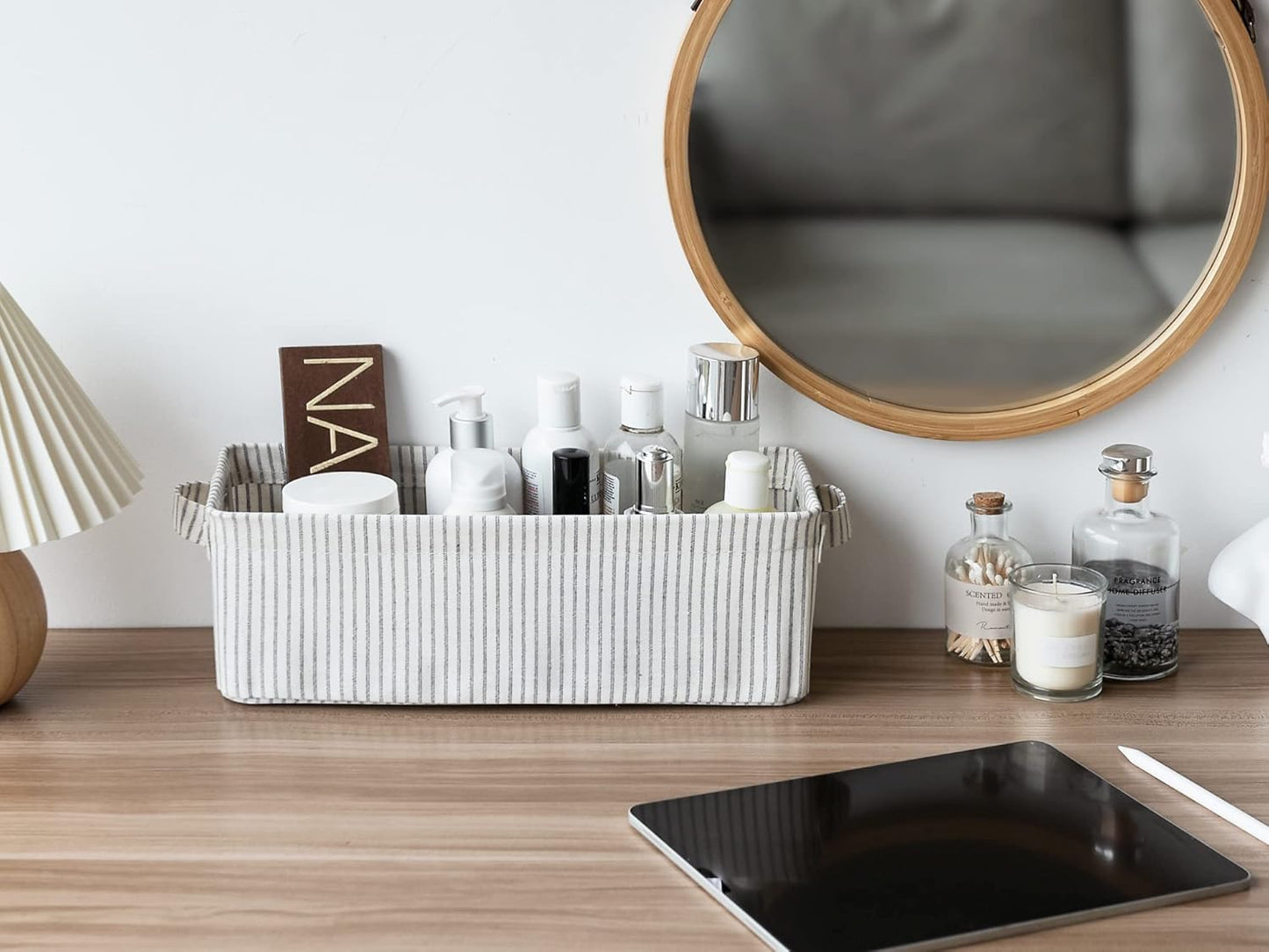 StorageWorks Narrow Storage Bins, Small Basket for Closet and Shelves, Fabric Organizer with Handles, Toilet Paper Storage, Khaki and Beige Stripes, 2-Pack