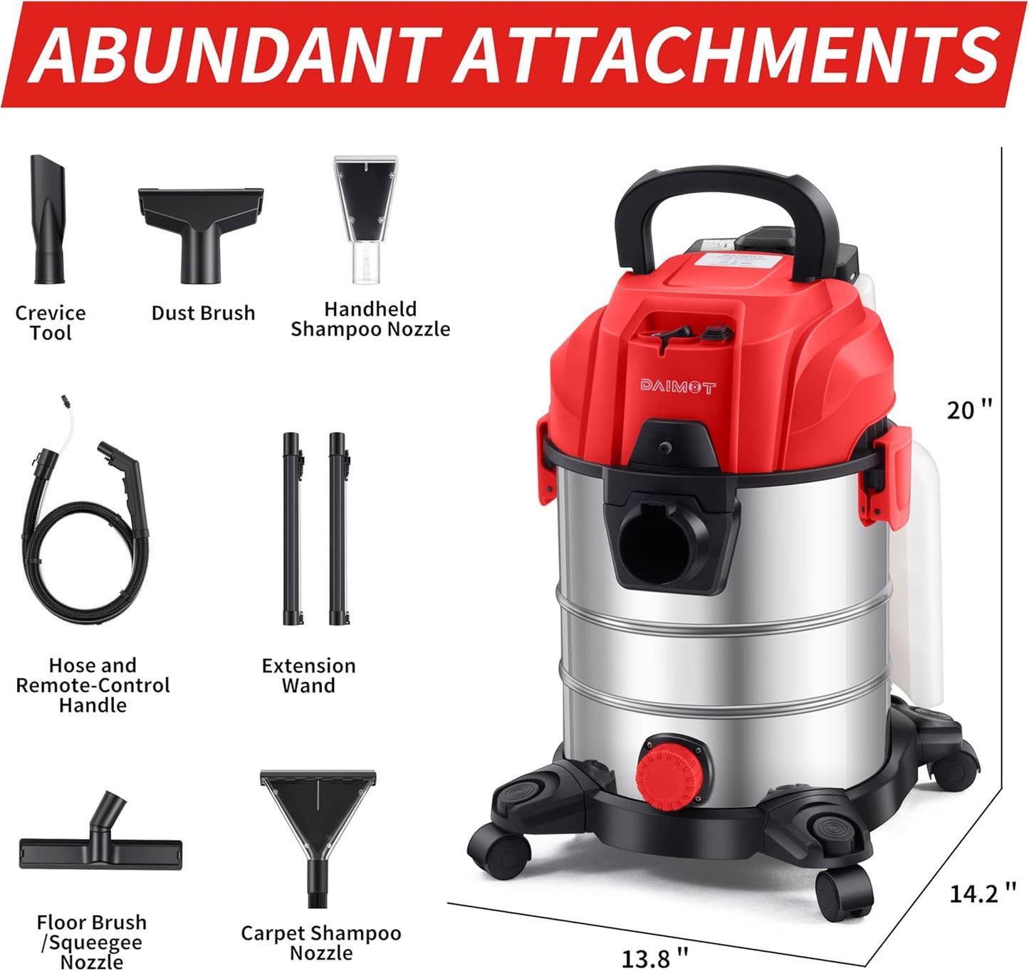 Shop Vacuum Wet and Dry, 6 Gallon, 5.5 Peak HP Power Suction, 3 in 1 Stainless Steel Shop Vac with 4.5L Upholstery Shampoo Tank, Water Vacuum Cleaner Carpet Extractor (Red)