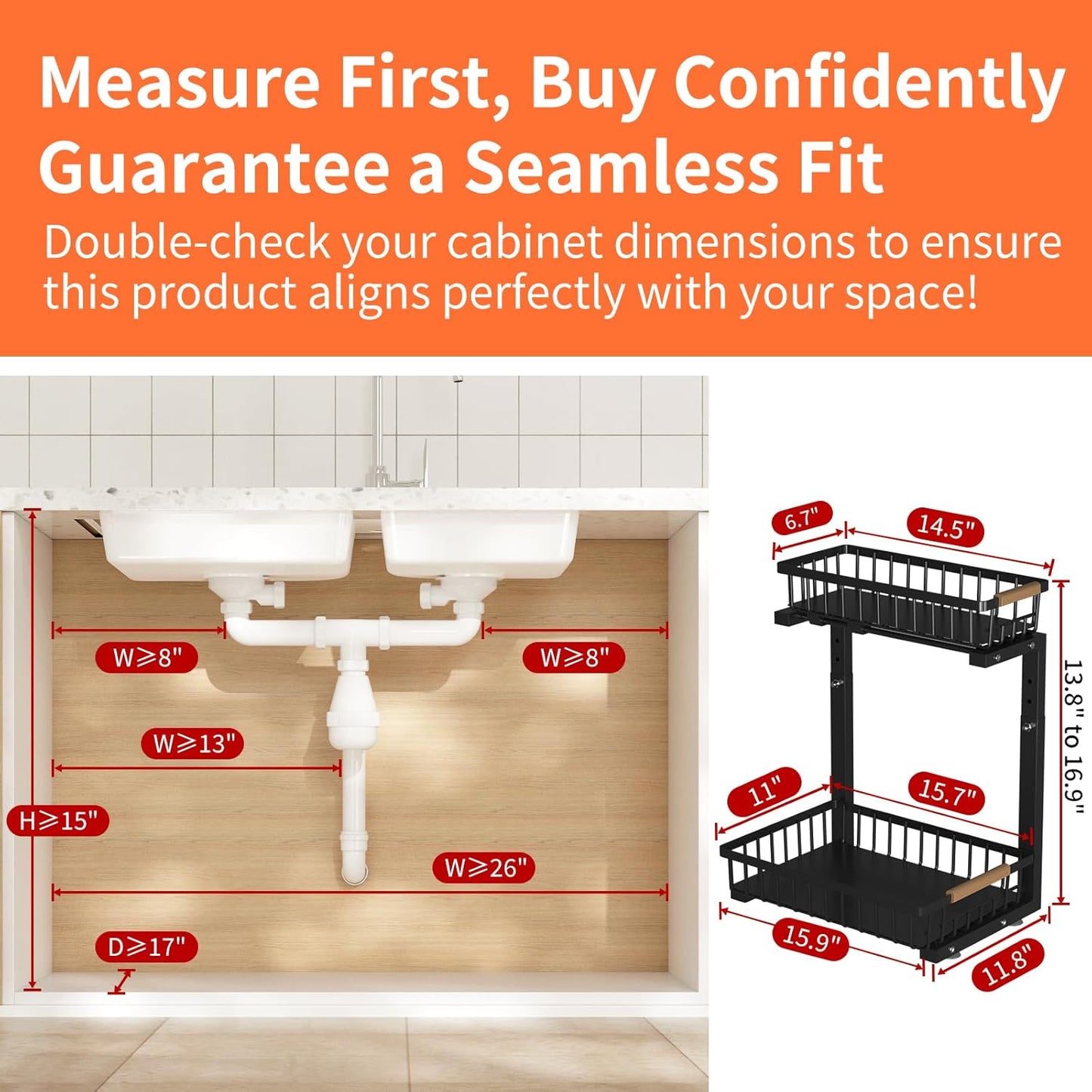 Under Sink Organizer, 2 Pack Under Sink Organizers and Storage, 2-Tier Pull Out Under Cabinet Organizer Storage Shelf, Metal Frame, Height Adjustable Rack for Bathroom Kitchen Pantry