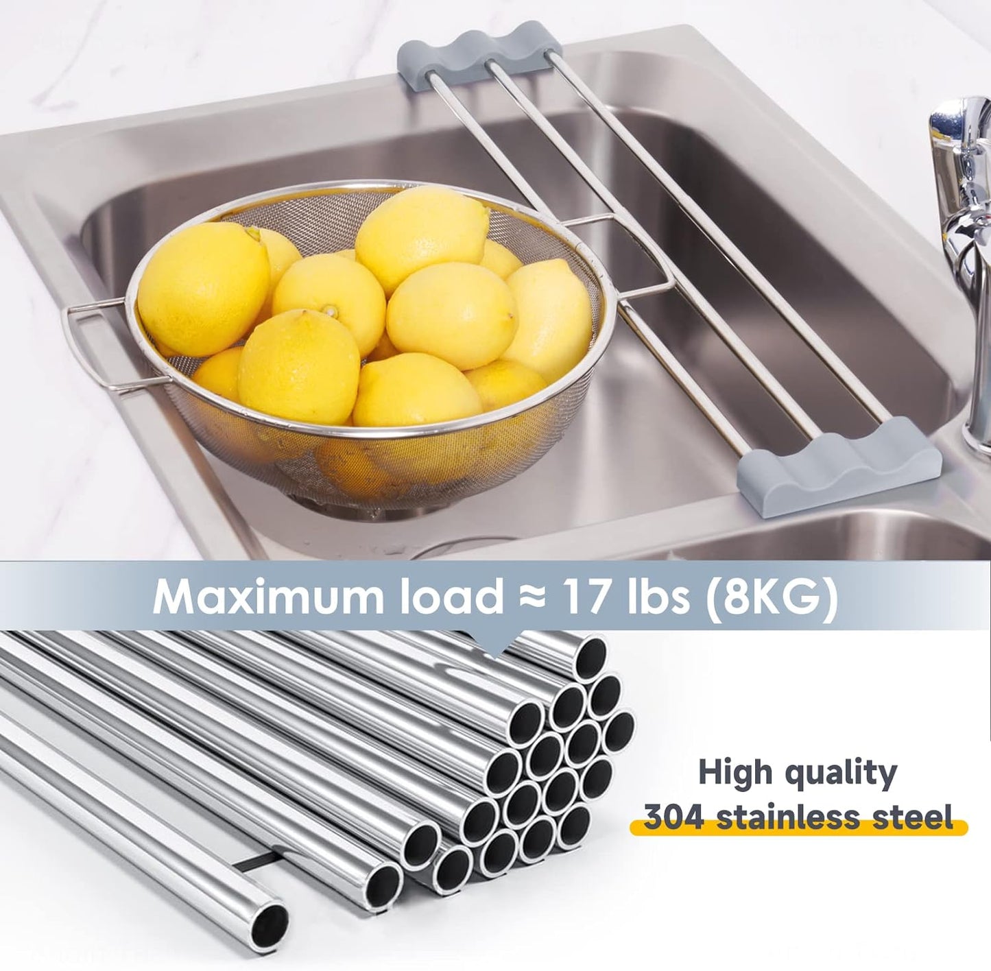 Tomorotec Adjustable Over-The-Sink Kitchen Rack for Dishcloths, Sponges, Bottles and Brushes - Heat-Resistant Stainless Steel with Slim, Expandable Design and Multifunctional Silicone Holder