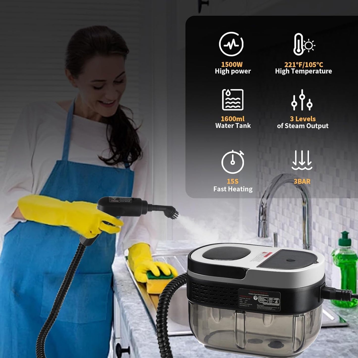 Steam Cleaner, 3-Level Adjustable Handle, 15s Heat-Up, 1.69 Quarts Tank, Portable Steamer for Cleaning with 10 Accessories, Steam Cleaner for Home for Dirt (White)