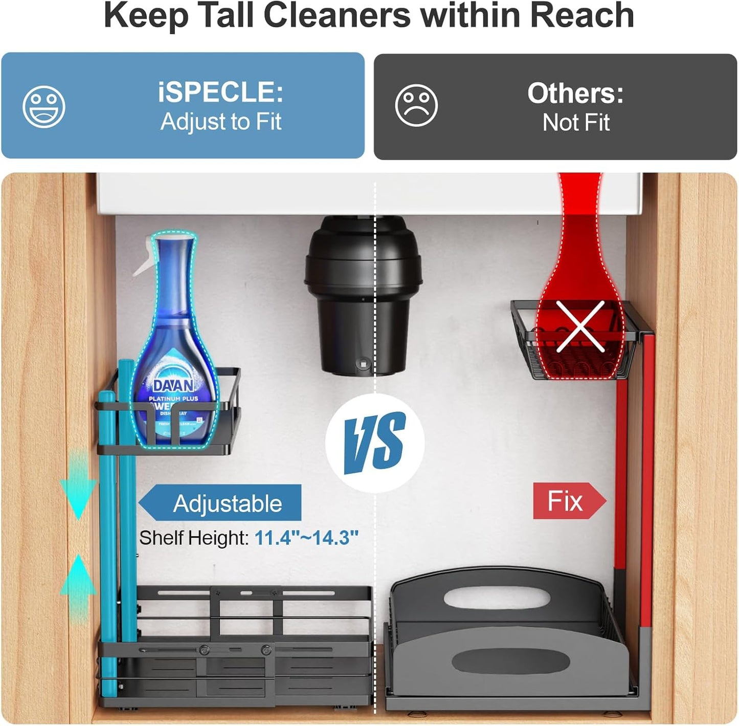 iSPECLE Under Kitchen Sink Organizer - 2 Tier Pull Out Under Sink Organizer Expandable Width Add Storage Space, Adjustable Height Easy Get Items without Digging, No Drilling Under Sink Storage