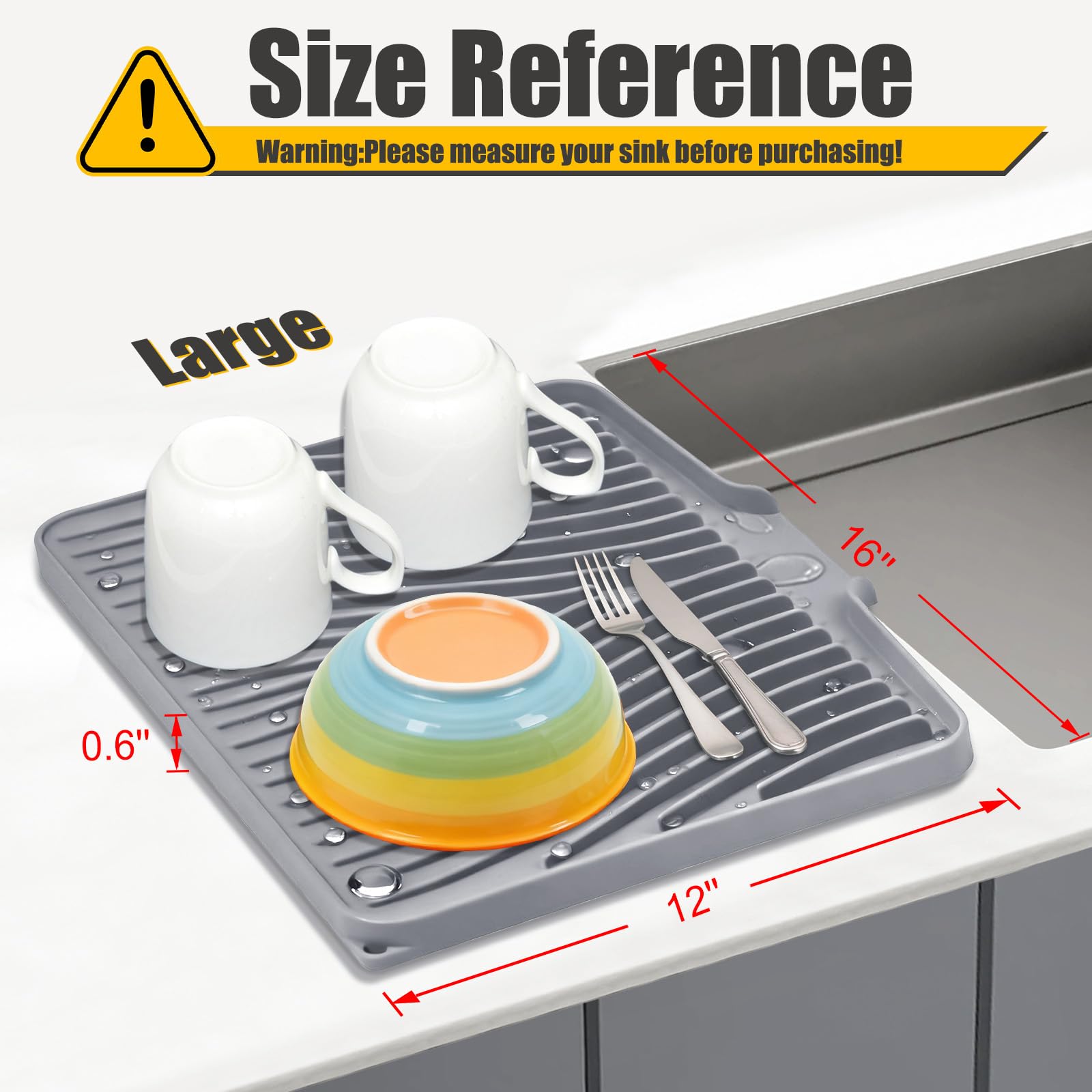 TIKNIK Silicone Dish Drying Mat for Kitchen Counter, Grey-1pcs, 16" x 12"