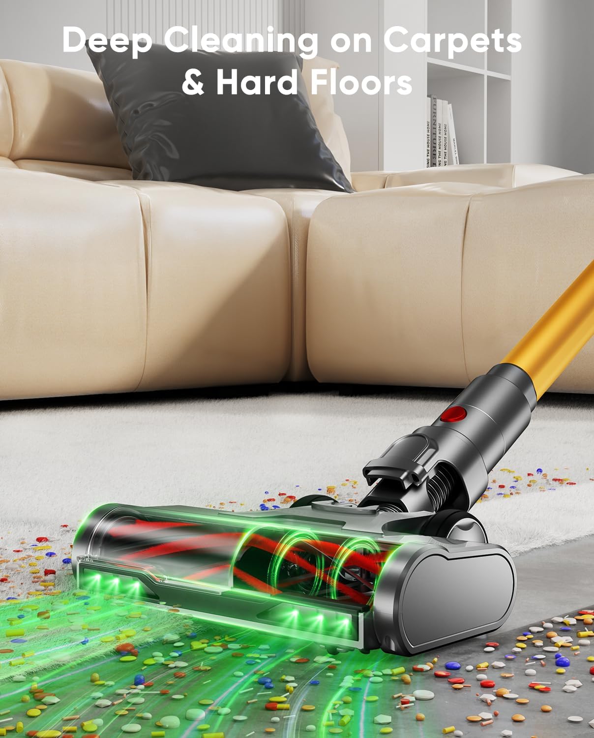 Cordless Vacuum Cleaner, 600W/50KPA, Max 70 Mins Runtime, Self-Standing Vacuum Cleaners for Home, Anti-Tangle Stick Vacuum, Smart Display Vacuum Cordless with 1.8L Cup for Pet Hair/Carpet (Gold)