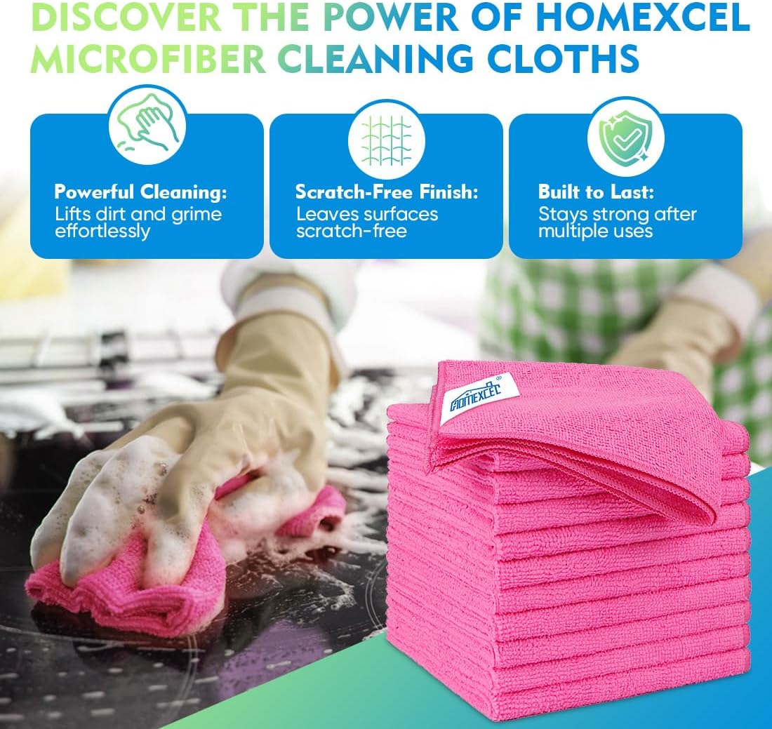 HOMEXCEL Microfiber Cleaning Cloth 20 Pack 11.5 x 11.5 Inch Microfiber Towels for Cars Ultra Absorbent Cleaning Rags Lint Free Cleaning Towels for Household Kitchen, Window Car Pink