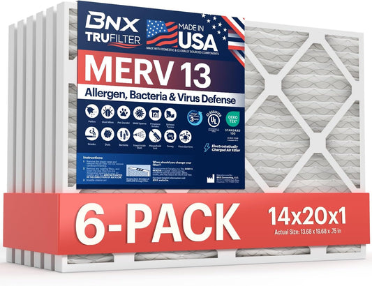 BNX TruFilter 14x20x1 Air Filter MERV 13 (6-Pack) - MADE IN USA - Electrostatic Pleated Air