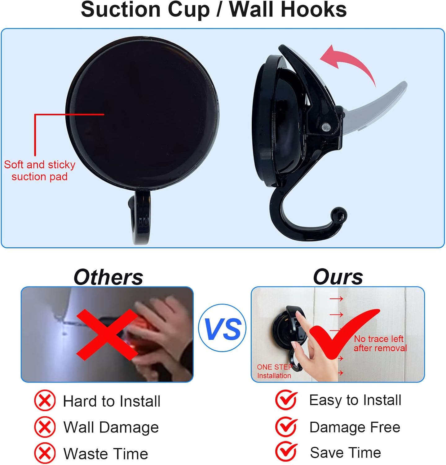 Heavy Duty Vacuum Shower Hooks - Glass Suction Cup Hooks, Reusable, No Hole Punched, for Bathroom Robe and Garland Decoration (Black, 2 Pack)