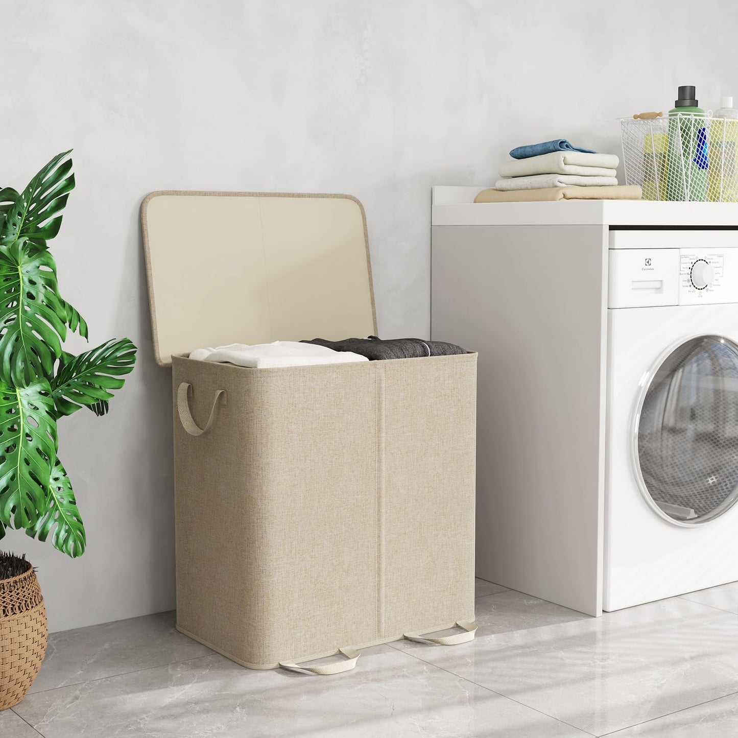 Lifewit Double Laundry Hamper with Lid and Removable Laundry Bags, Large Collapsible 2 Dividers