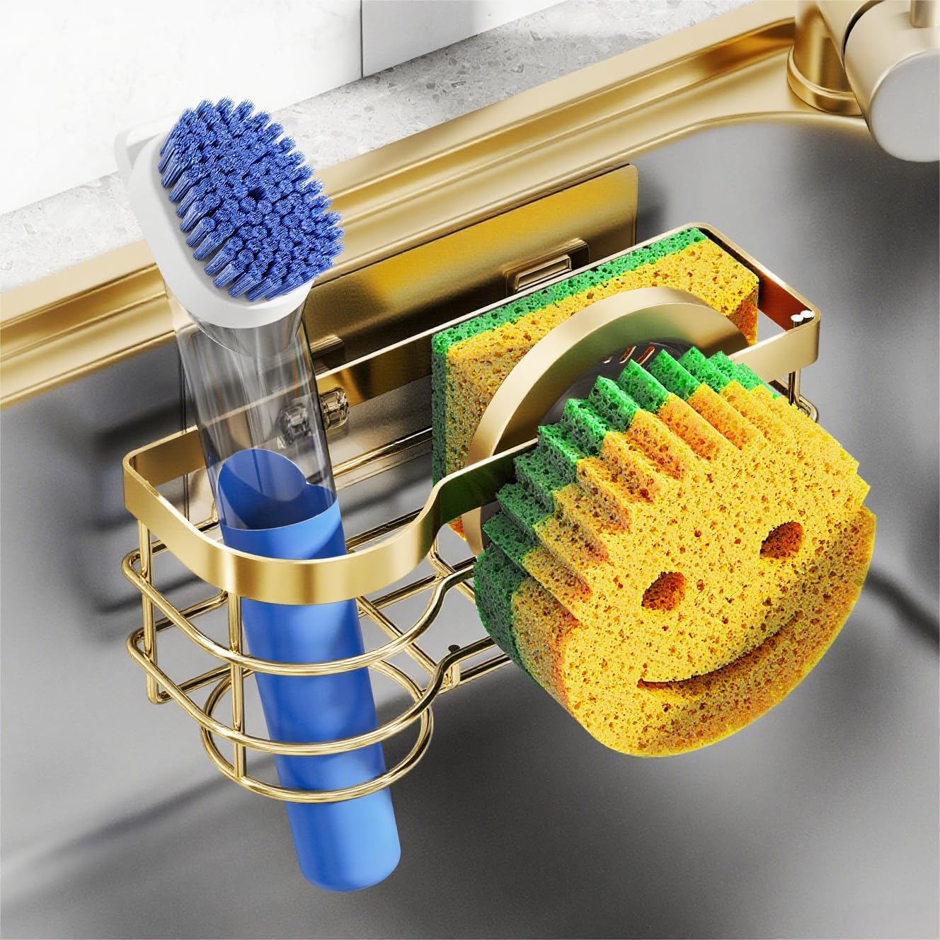 Cisily Gold Smiley Sponge Holder for Kitchen Sink Caddy, Stainless Steel Movable Brush Holder Dish Cloth Hanger, Suction Cup Sink Organizer Scrubbe