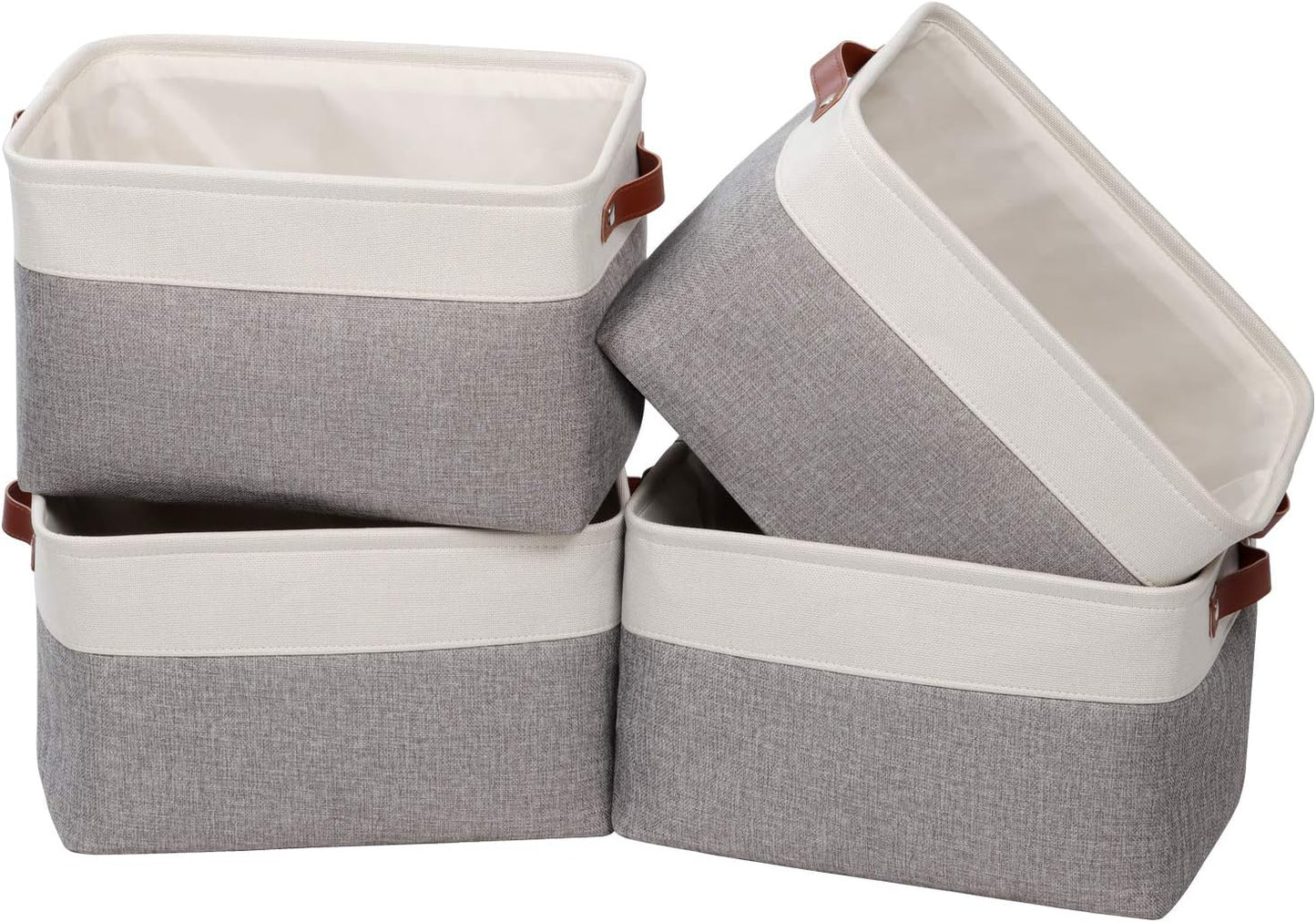 Univivi 15 inch Large Storage Baskets 4PC Gray Hard Bottom Foldable Storage Bins with PU Handles for Shelf Rectangle Fabric Baskets for Organizing (15”X10.5”X9.5”)