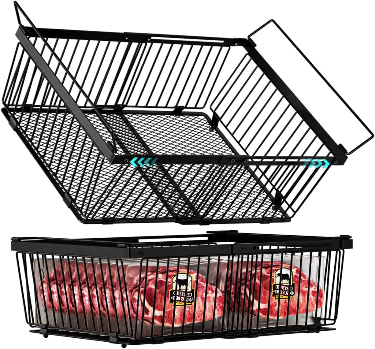 Large Freezer Organizer Bins，Upgraded Bottom Leak-Proof net，Fit 10 to 20 Cu Ft Chest Freezer，2 Pack， Expandable Stackable Chest Freezer Containers with Handle(Black-2Pack)