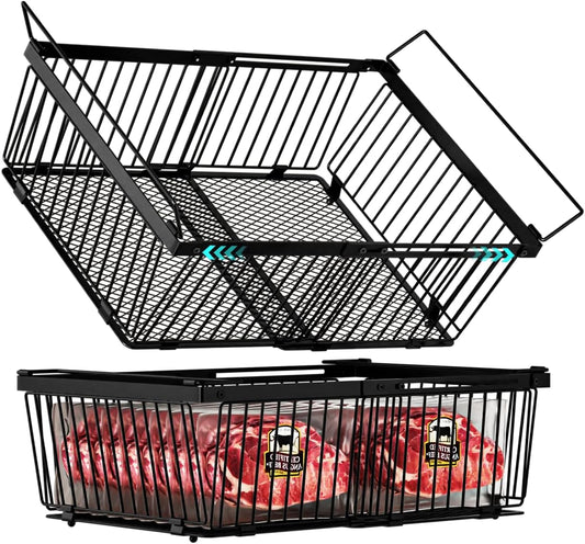 Large Freezer Organizer Bins，Upgraded Bottom Leak-Proof net，Fit 10 to 20 Cu Ft Chest Freezer，2 Pack， Expandable Stackable Chest Freezer Containers with Handle(Black-2Pack)