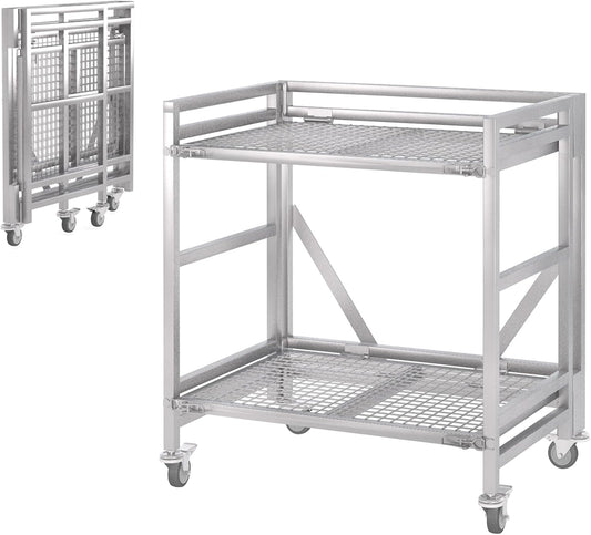 2 Shelf Rolling Cart with Wheels, 660lbs Capacity Collapsible Steel Rolling Utility Cart