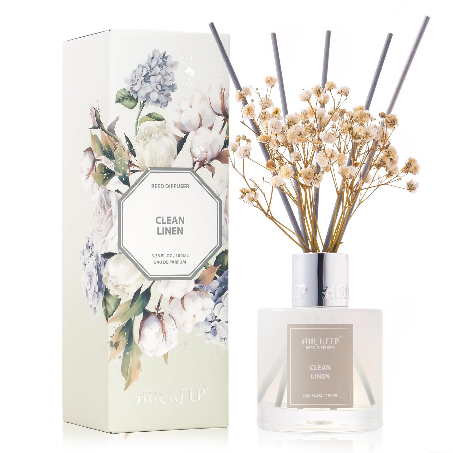 Airkeep Reed Diffuser Set,3.38 fl oz (100 ml) - Clean Linen Oil Diffusers with 8 Reed Sticks,Home