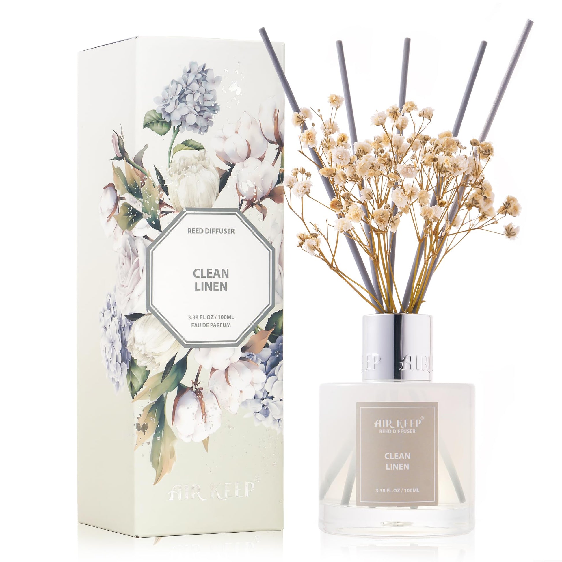 Airkeep Reed Diffuser Set,3.38 fl oz (100 ml) - Clean Linen Oil Diffusers with 8 Reed Sticks,Home