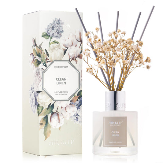 Airkeep Reed Diffuser Set,3.38 fl oz (100 ml) - Clean Linen Oil Diffusers with 8 Reed Sticks,Home