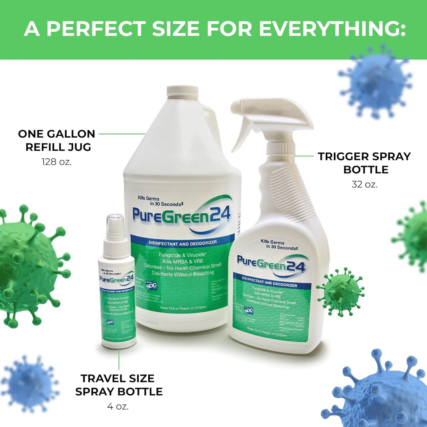 PureGreen24 Safe & Effective Disinfectant. Kills Deadly Germs including RSV Norovirus MRSA Staph 2025 flu Bird Flu Contains No Toxic Chemicals Odorless Child & Pet Safe (4) 32oz Spray Bottles