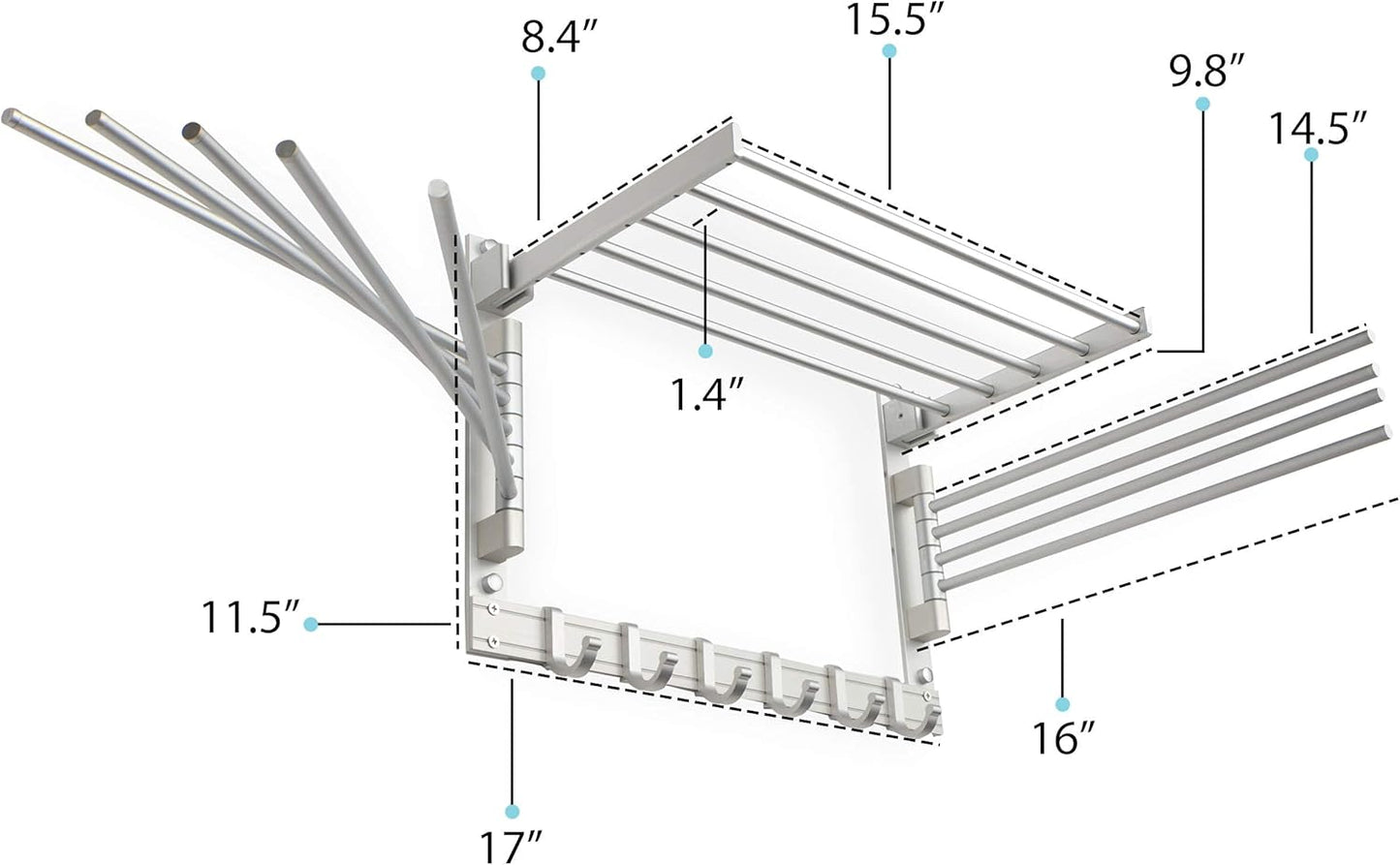 brightmaison BGT Wash Clothes Drying Rack Wall Mount Laundry Room Organizer with Hooks & Swing Arms, 17" Metal Laundry Rack Silver