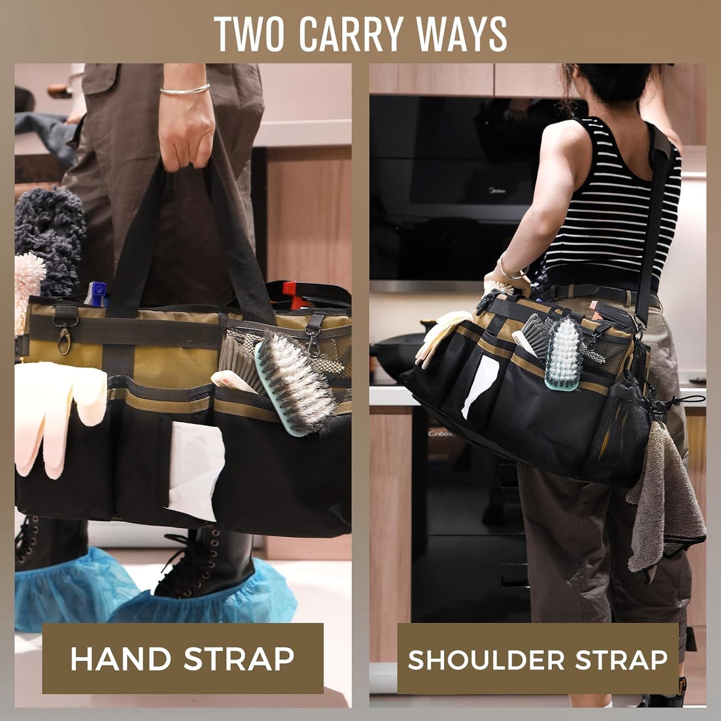 Wearable Cleaning Caddy Organizer with Handle & Shoulder Straps for Housekeepers, Under Sink & Car Cleaning Tool Organizer Bag with 4 Foldable Dividers (Tan)