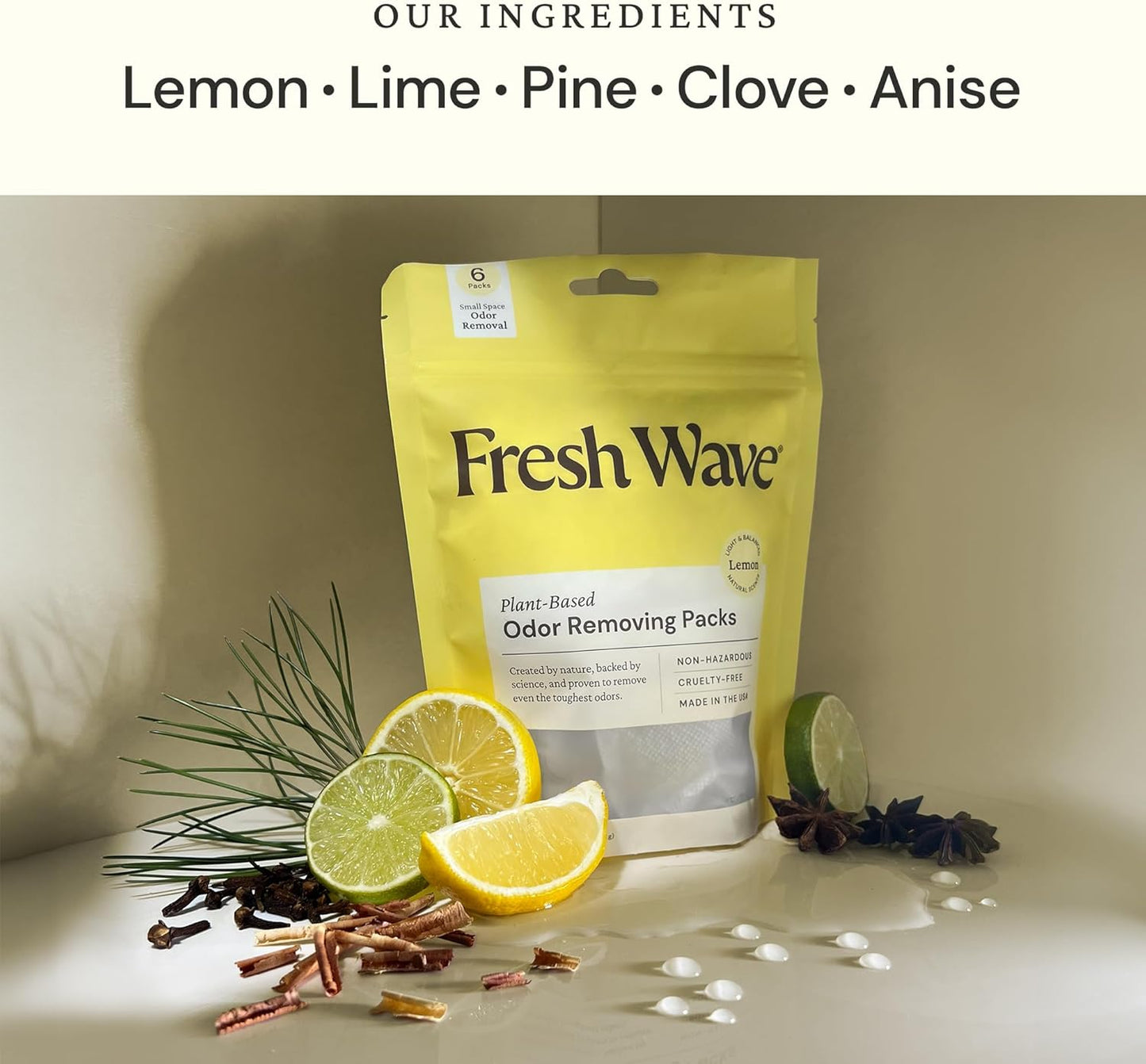 Fresh Wave Lemon Odor Eliminating & Deodorizing Packs | Bag of 6 | Safer Odor Relief for Small Spaces | Natural Plant-Based Odor Eliminator | Odor Absorbers for Home