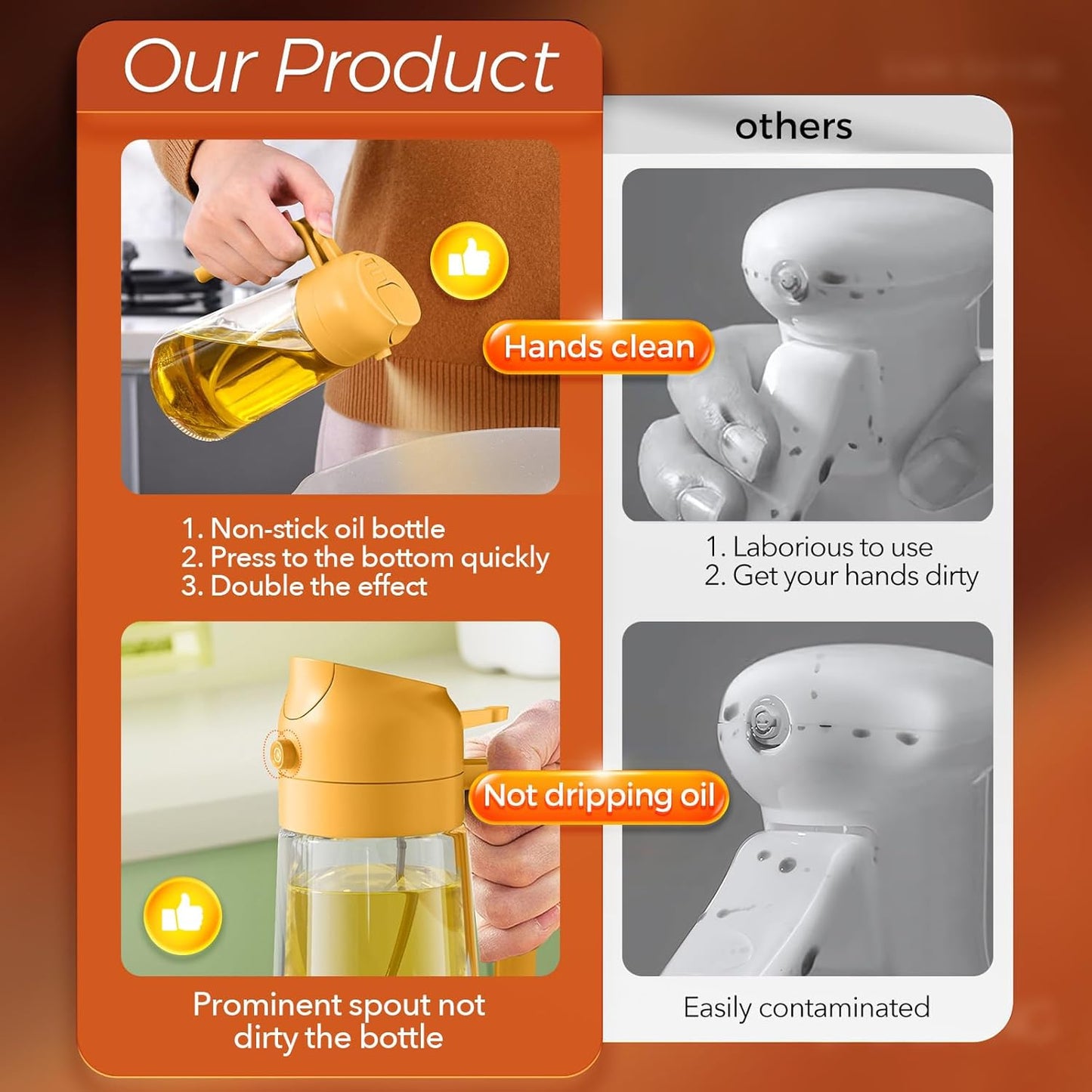 YARRAMATE 2Pcs 16oz/470ml 2 in 1 Oil Sprayer for Cooking with Stickers, Food-grade Glass Oil Spray Bottle, Oil Dispenser and Oil Sprayer for Kitchen, Salad, Frying, BBQ (White & Orange)