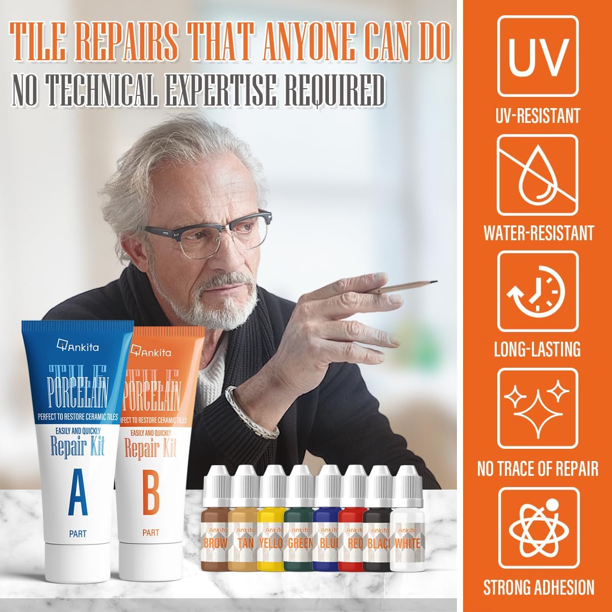 Tile Repair Kit, Ceramic Tile Repair Kit(Color Match), Porcelain Tile Chip Repair Kit with Super Strong Adhesion, Floor Tile Crack Repair Filler for Chips, Holes on Porcelain, Ceramic, Acrylic