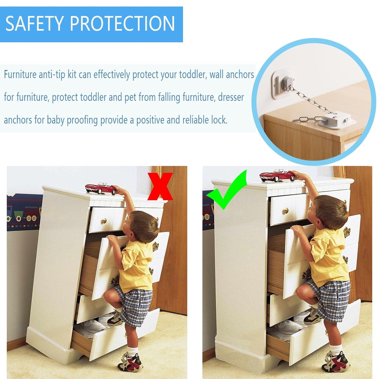 YEYA Anti-Tip No Drill Furniture Anchor with 3M Adhesive 10" Adjustable Straps, Baby Proofing Wall Anchors for Child Safety, Playroom Essentials 4P