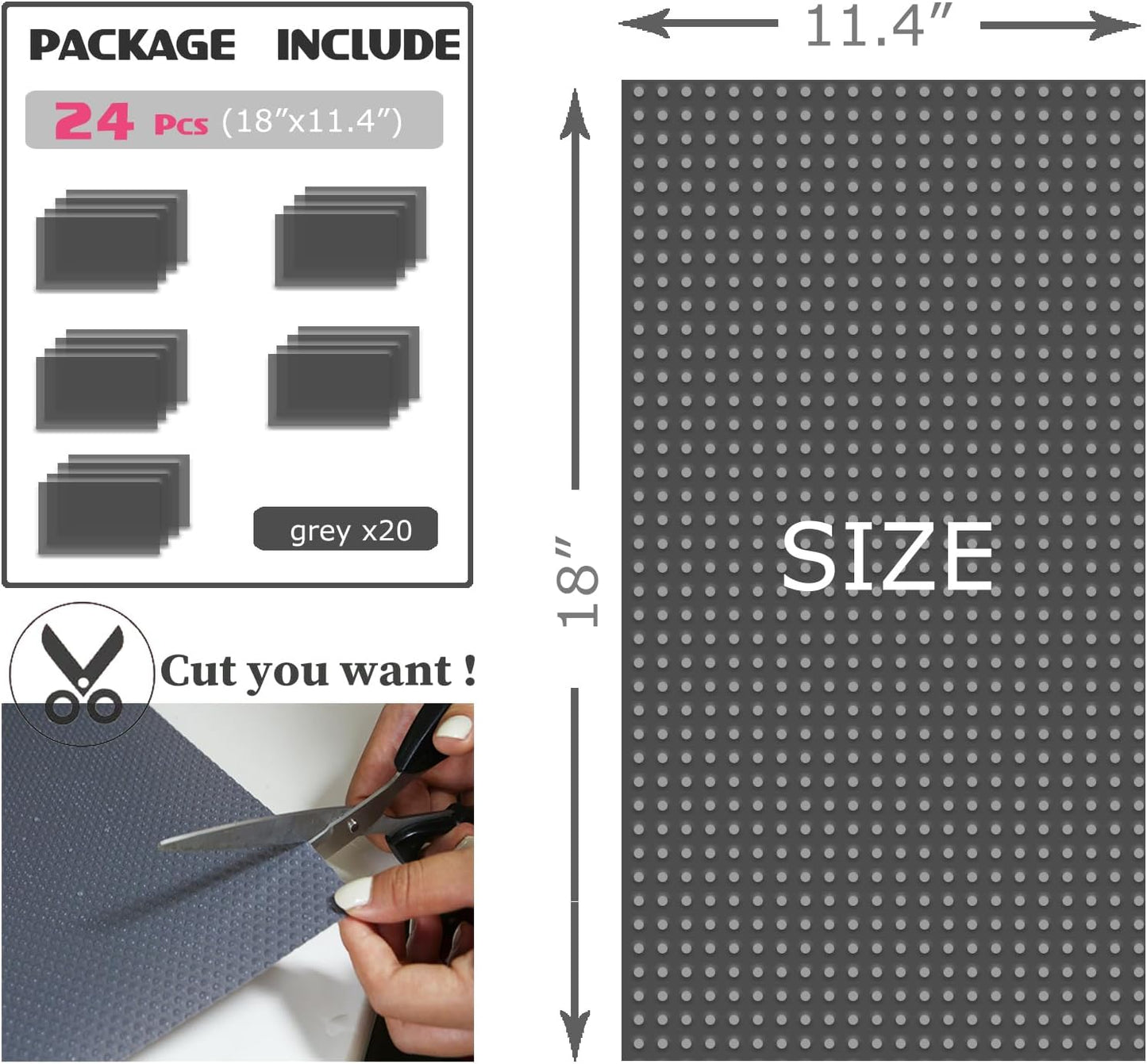 24Pcs Refrigerator Liners, Washable Fridge Liner Mats Covers Pads for Glass Shelf Cupboard Cabinet Drawer Home Kitchen Accessories Organization (Gray)