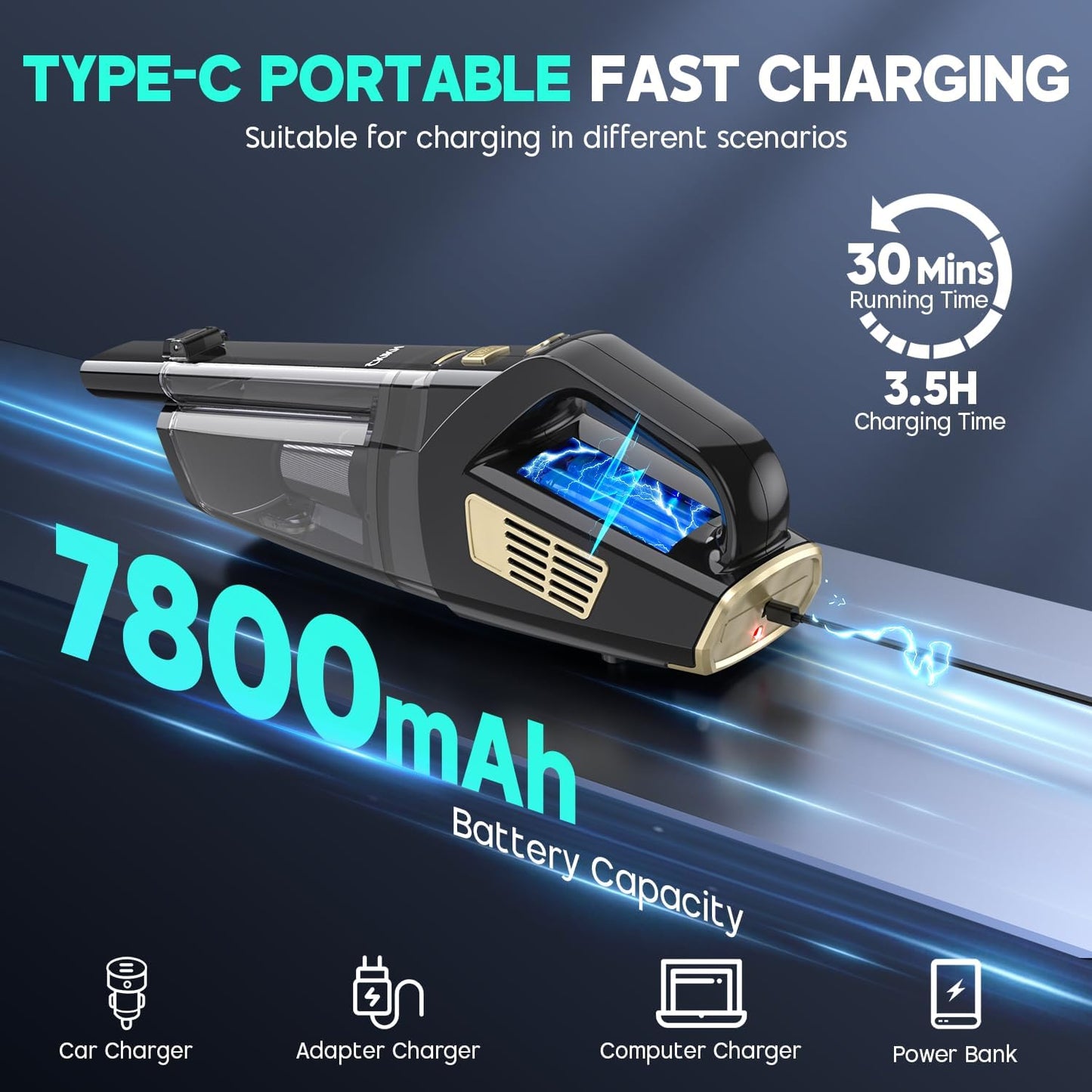 Handheld Vacuum Cordless, 15000PA Strong Suction Hand Held Car Vacuum Cleaner Portable with Multi-Nozzles & Washable Filter, Lightweight Dust Busters Rechargeable for Home, Car, Office, Pets