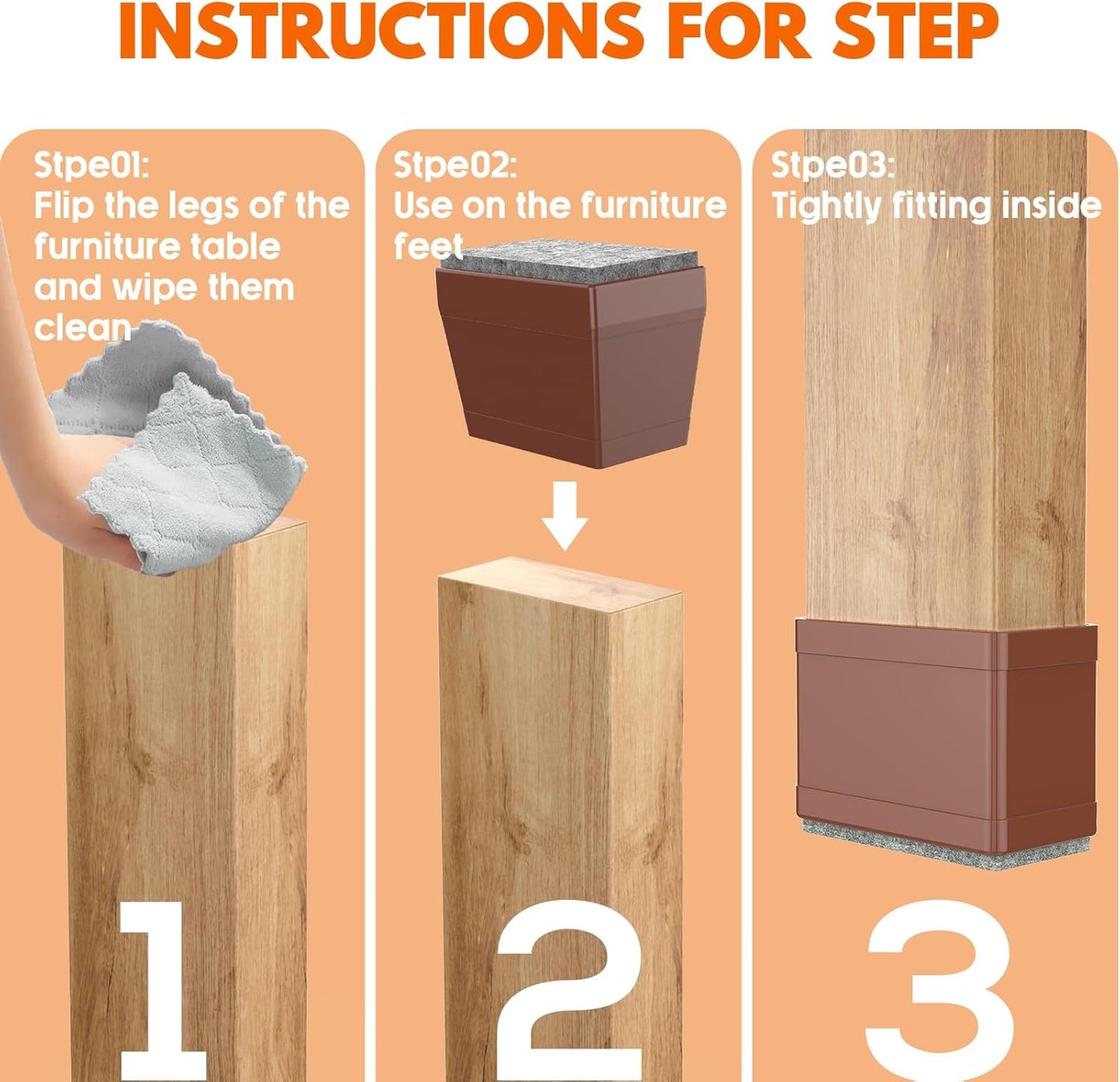 Rectangle Chair Leg Protectors for Hardwood Floors,16 PCS Silicone Covers to Protect Wood Tile Floors Felt Pads Furniture Leg Caps Reduce Noise. Easy to Move.(Brown,0.75 x 1 Inch,Rectangle)