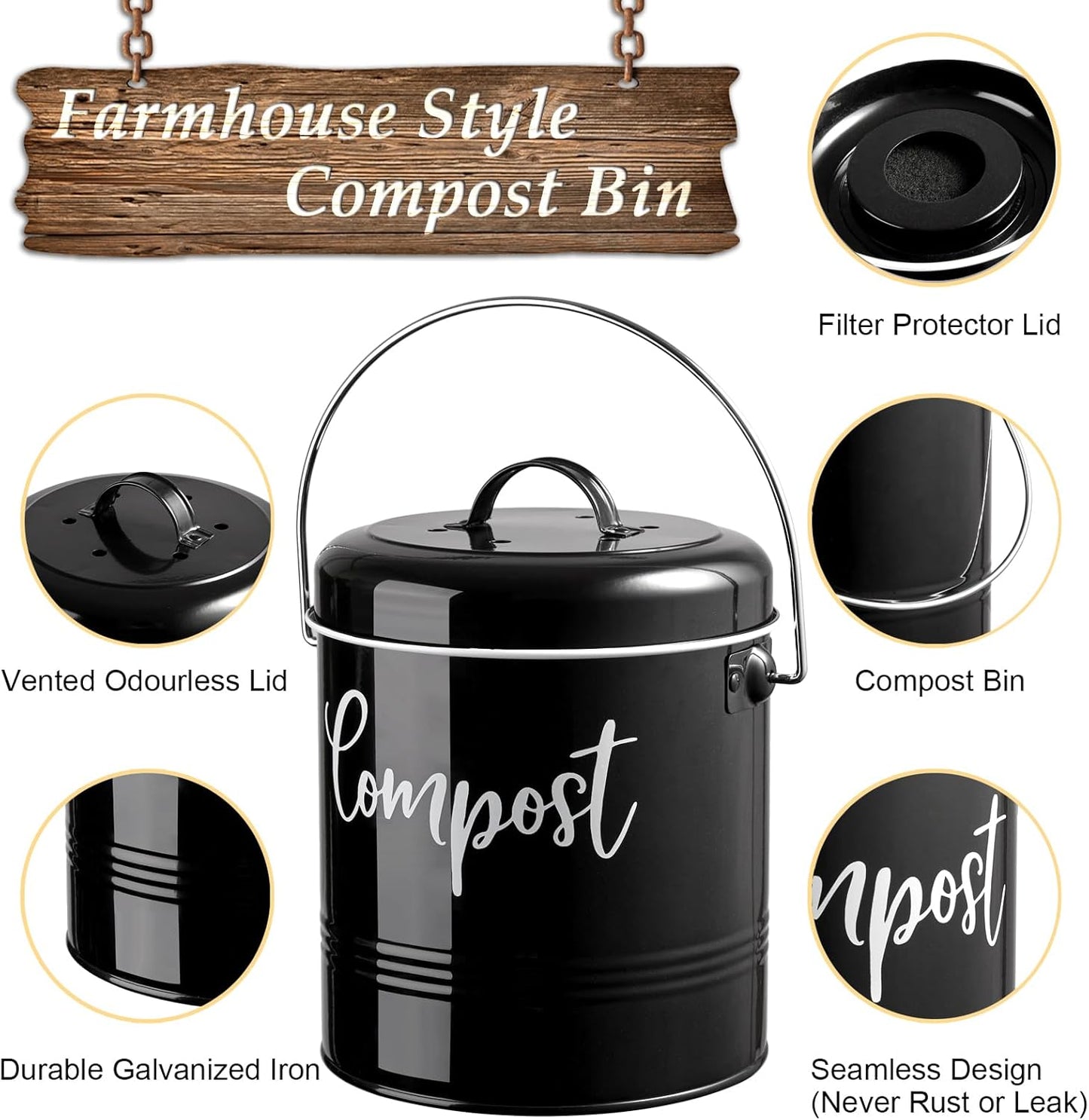 Compost Bin Kitchen, 1.3 Gallon Farmhouse Kitchen Compost Bin Countertop, Indoor Countertop Compost Bucket with Lid and Charcoal Filters, Black
