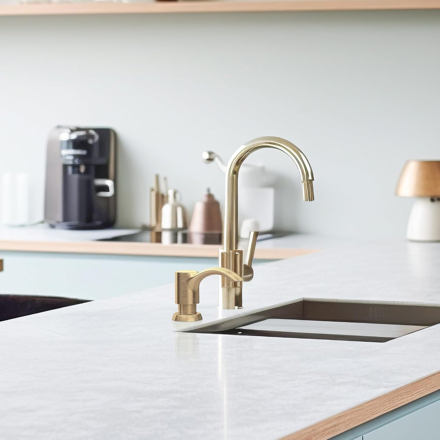 SAMODRA Built in Kitchen Sink Soap Dispenser (Brushed Gold) with 12 oz Large PET Lotion Bottle, Refill from Top