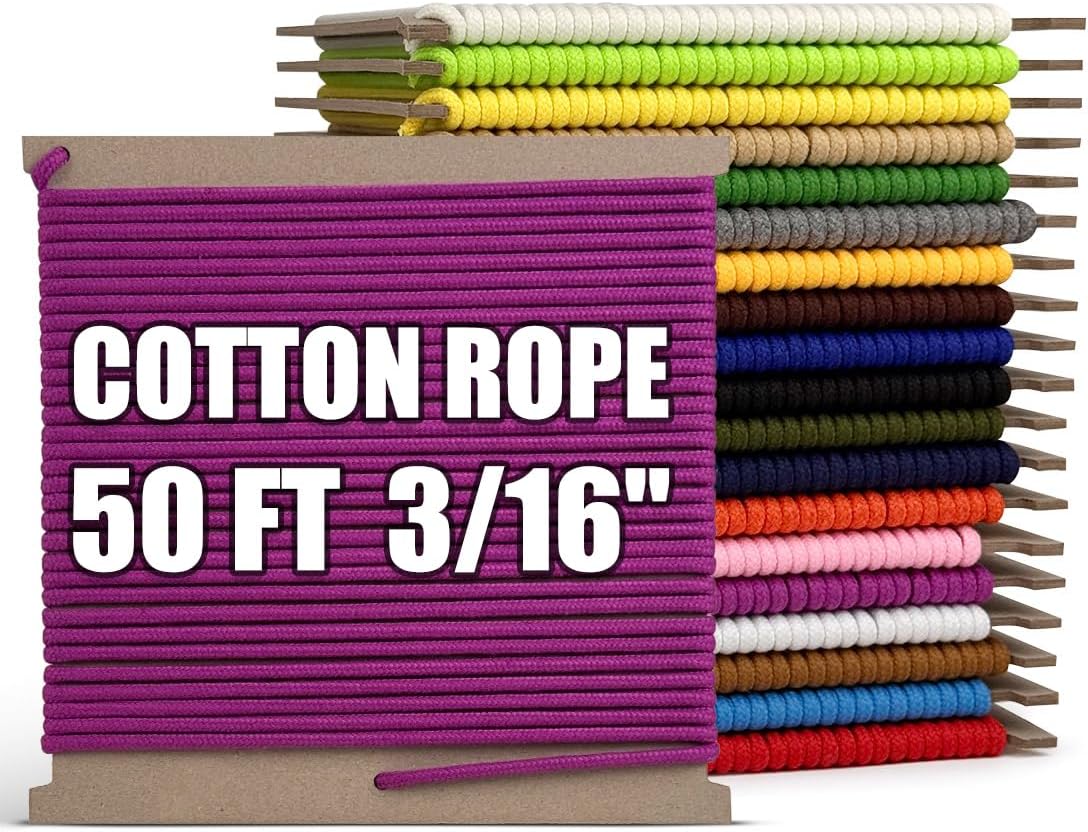 PerkHomy 500lb Cotton Rope 3/16" (5mm) 50 ft Multi Purpose Utility Diamond Braided Cord, Natural Cotton for Clothes Line Camping Crafting Flag Pole, Rose Red